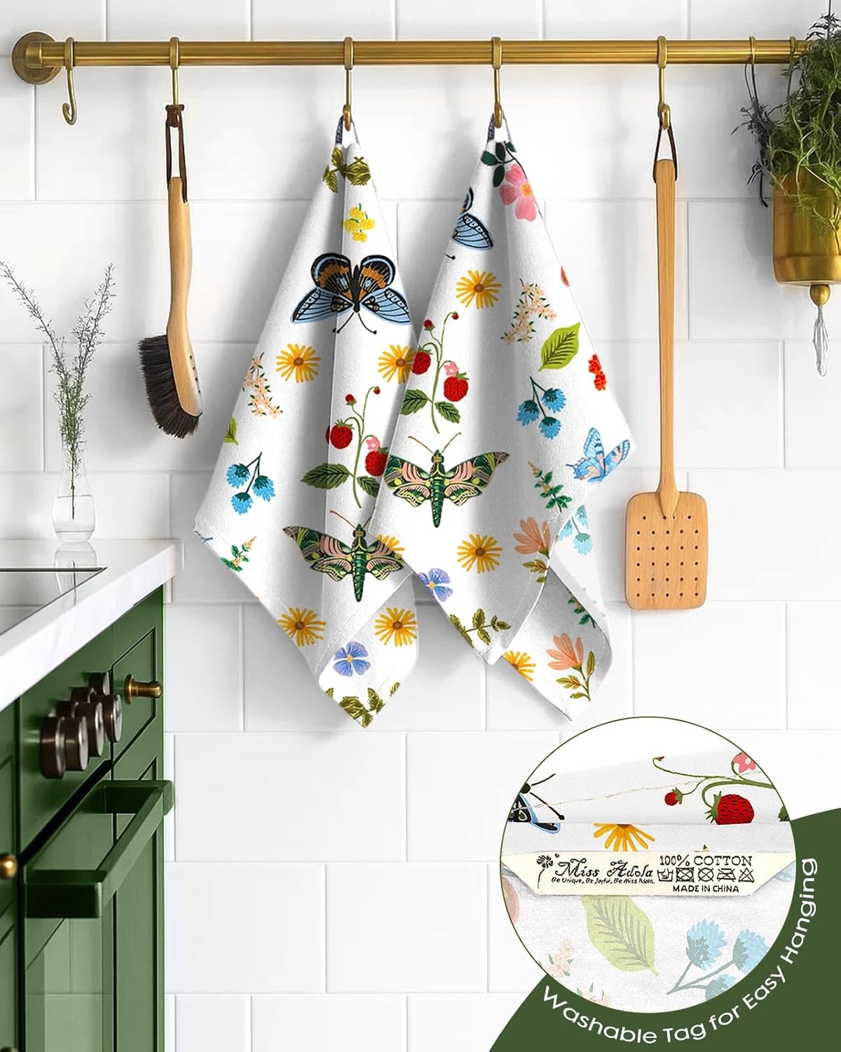 image:imageMiss Adola Flour Sack Kitchen Towels Set of 218x26 Cotton Dish Towels with Hanging Loop Reusable Tea Towel for Cleaning Spring Absorbent Dishcloths Cute Home Decor Housewarming Lemon BirdsButterfly Garden