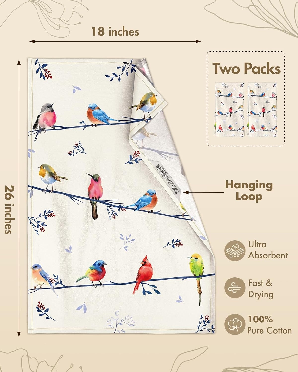 image:imageMiss Adola Flour Sack Kitchen Towels Set of 218x26 Cotton Dish Towels with Hanging Loop Reusable Tea Towel for Cleaning Spring Absorbent Dishcloths Cute Home Decor Housewarming Lemon BirdsWatercolor Bird