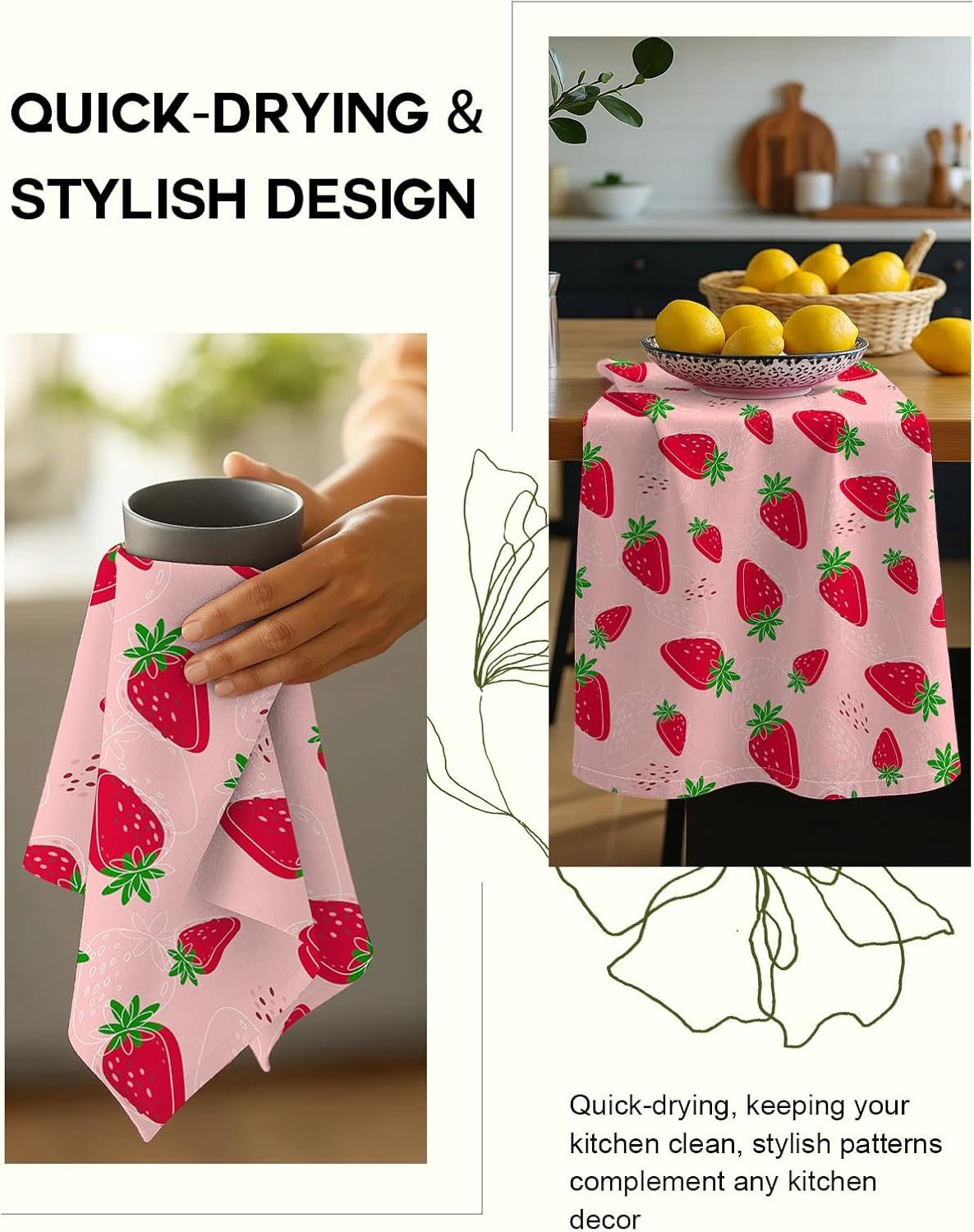 image:imageMiss Adola Flour Sack Kitchen Towels Set of 218x26 Cotton Dish Towels with Hanging Loop Reusable Tea Towel for Cleaning Spring Absorbent Dishcloths Cute Home Decor Housewarming Lemon BirdsLine Strawberry