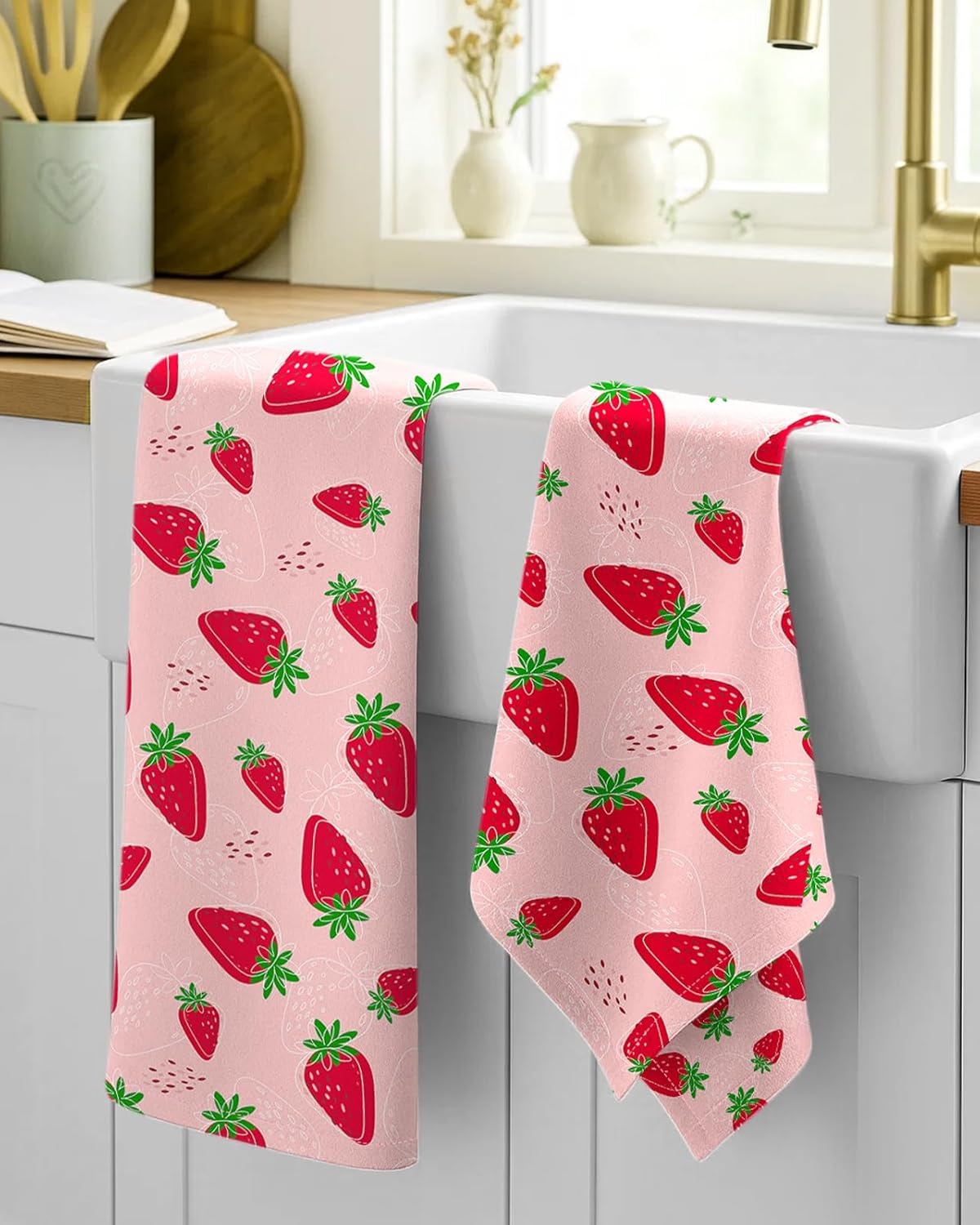 image:imageMiss Adola Flour Sack Kitchen Towels Set of 218x26 Cotton Dish Towels with Hanging Loop Reusable Tea Towel for Cleaning Spring Absorbent Dishcloths Cute Home Decor Housewarming Lemon BirdsLine Strawberry