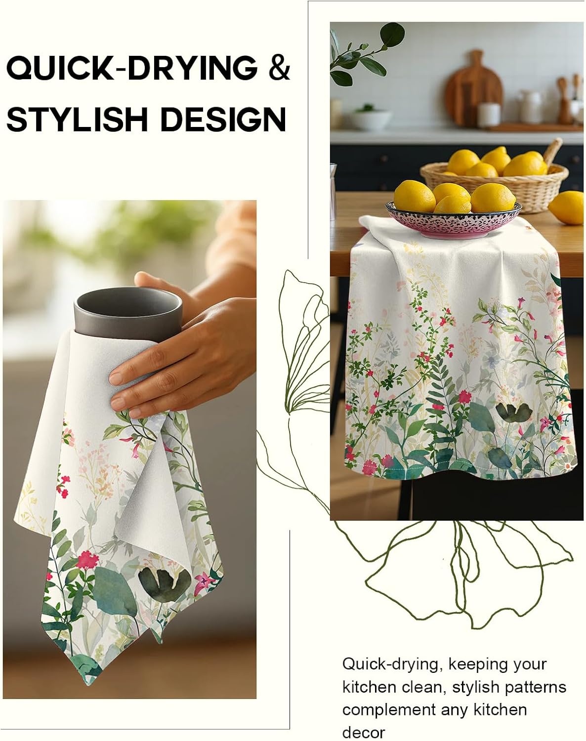 image:imageMiss Adola Flour Sack Kitchen Towels Set of 218x26 Cotton Dish Towels with Hanging Loop Reusable Tea Towel for Cleaning Spring Absorbent Dishcloths Cute Home Decor Housewarming Lemon BirdsInk Flowers