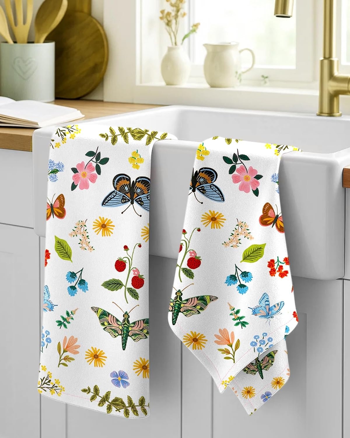 image:imageMiss Adola Flour Sack Kitchen Towels Set of 218x26 Cotton Dish Towels with Hanging Loop Reusable Tea Towel for Cleaning Spring Absorbent Dishcloths Cute Home Decor Housewarming Lemon BirdsButterfly Garden