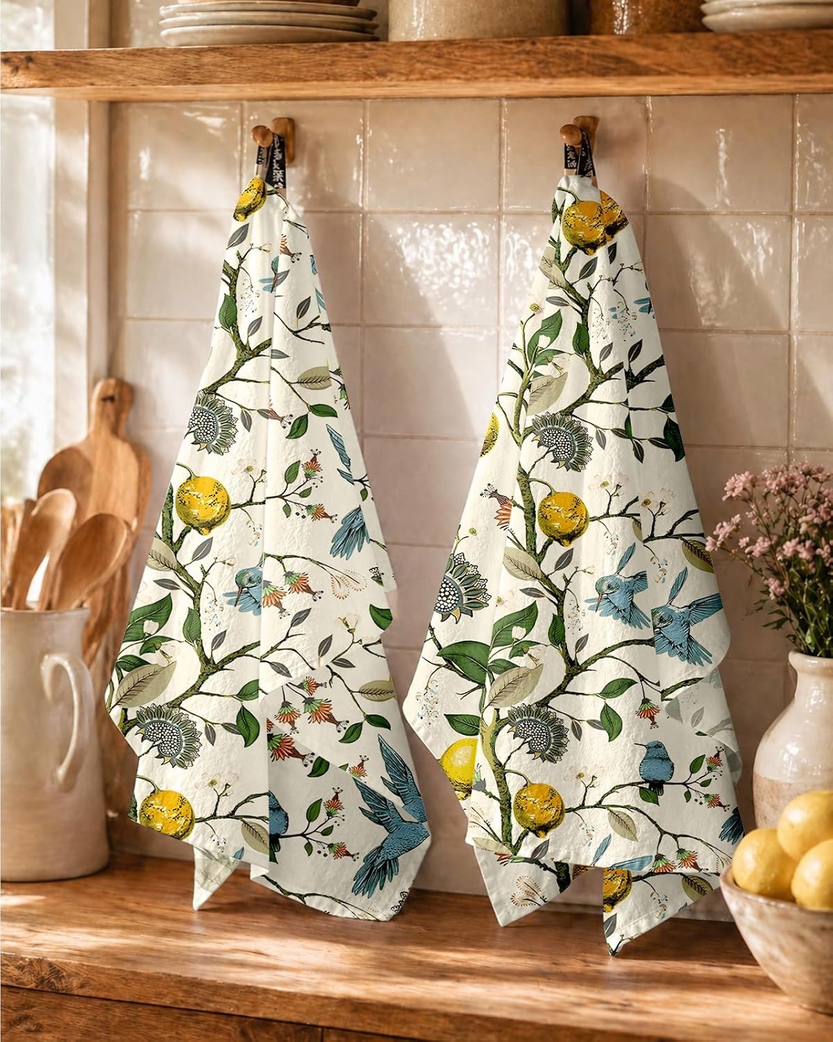image:imageMiss Adola Flour Sack Kitchen Towels Set of 218x26 Cotton Dish Towels with Hanging Loop Reusable Tea Towel for Cleaning Spring Absorbent Dishcloths Cute Home Decor Housewarming Lemon BirdsLemon Bird