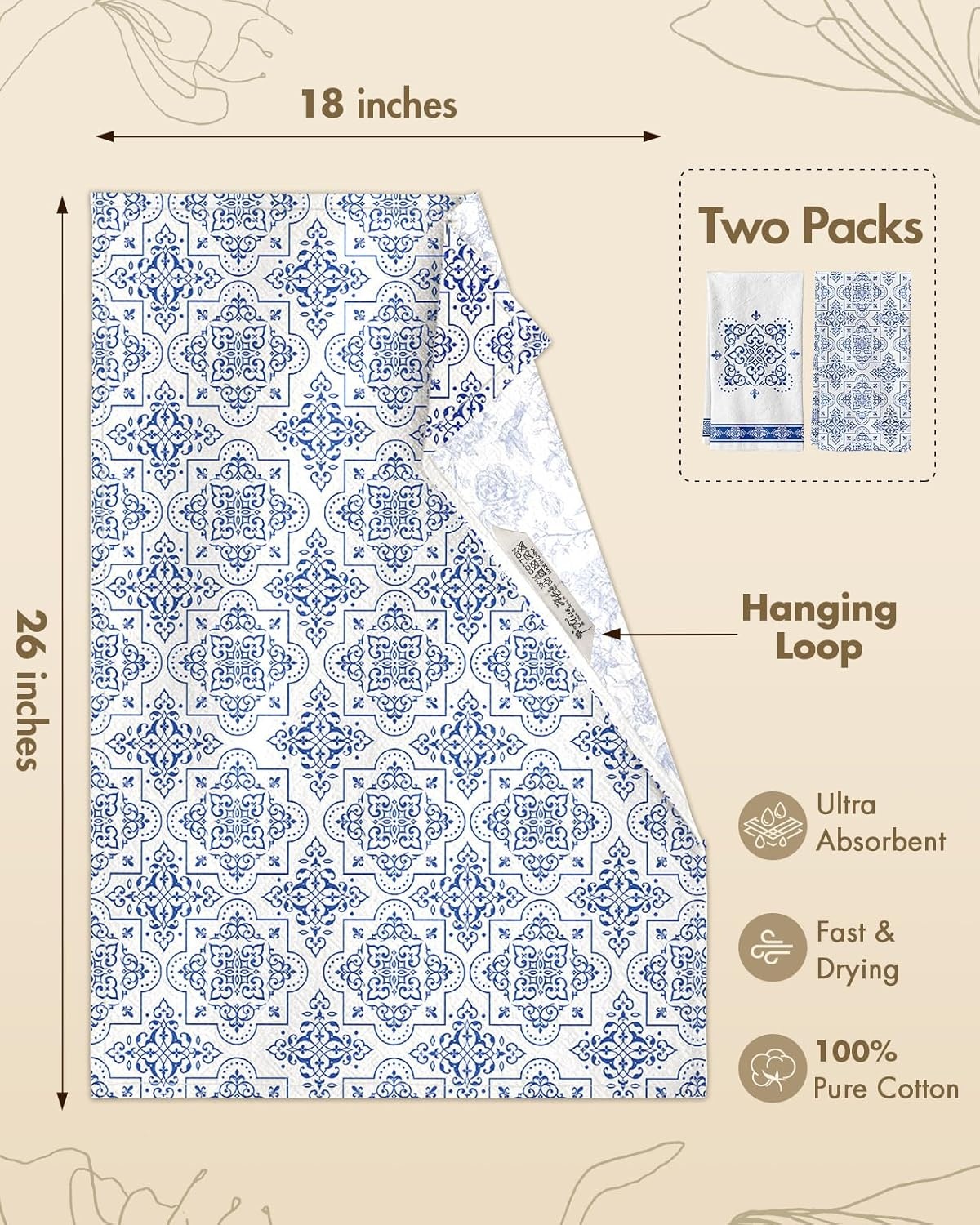 image:imageMiss Adola Flour Sack Tea Towels Set of 2 Chinoiserie Dish Towels with Hanging Loop 18x26 Inch Lightweight Cotton Kitchen Towels Lint Free Quick Dry Hand Towels Blue and White Decor HydrangeaLine