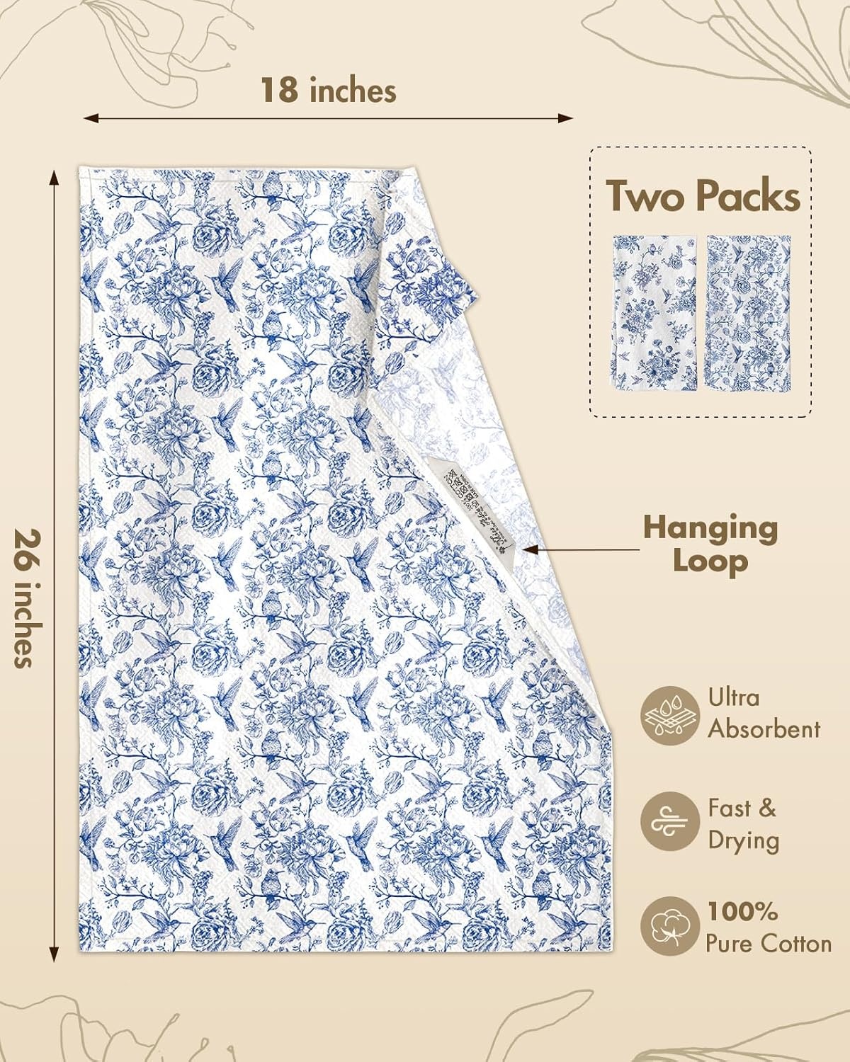 image:imageMiss Adola Flour Sack Tea Towels Set of 2 Chinoiserie Dish Towels with Hanging Loop 18x26 Inch Lightweight Cotton Kitchen Towels Lint Free Quick Dry Hand Towels Blue and White Decor HydrangeaBird