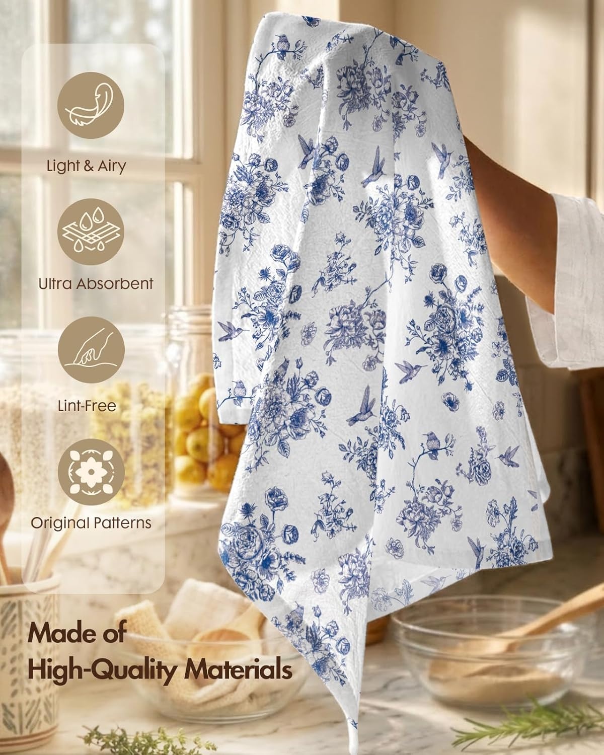image:imageMiss Adola Flour Sack Tea Towels Set of 2 Chinoiserie Dish Towels with Hanging Loop 18x26 Inch Lightweight Cotton Kitchen Towels Lint Free Quick Dry Hand Towels Blue and White Decor HydrangeaBird
