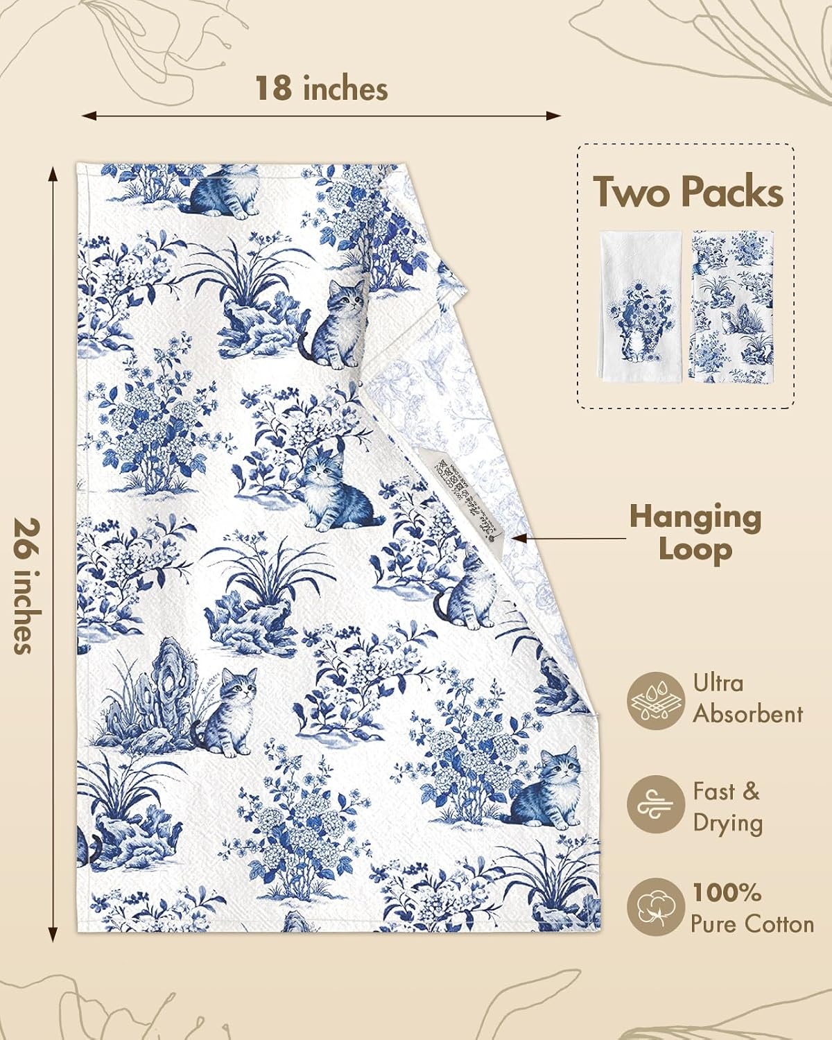 image:imageMiss Adola Flour Sack Tea Towels Set of 2 Chinoiserie Dish Towels with Hanging Loop 18x26 Inch Lightweight Cotton Kitchen Towels Lint Free Quick Dry Hand Towels Blue and White Decor HydrangeaCat