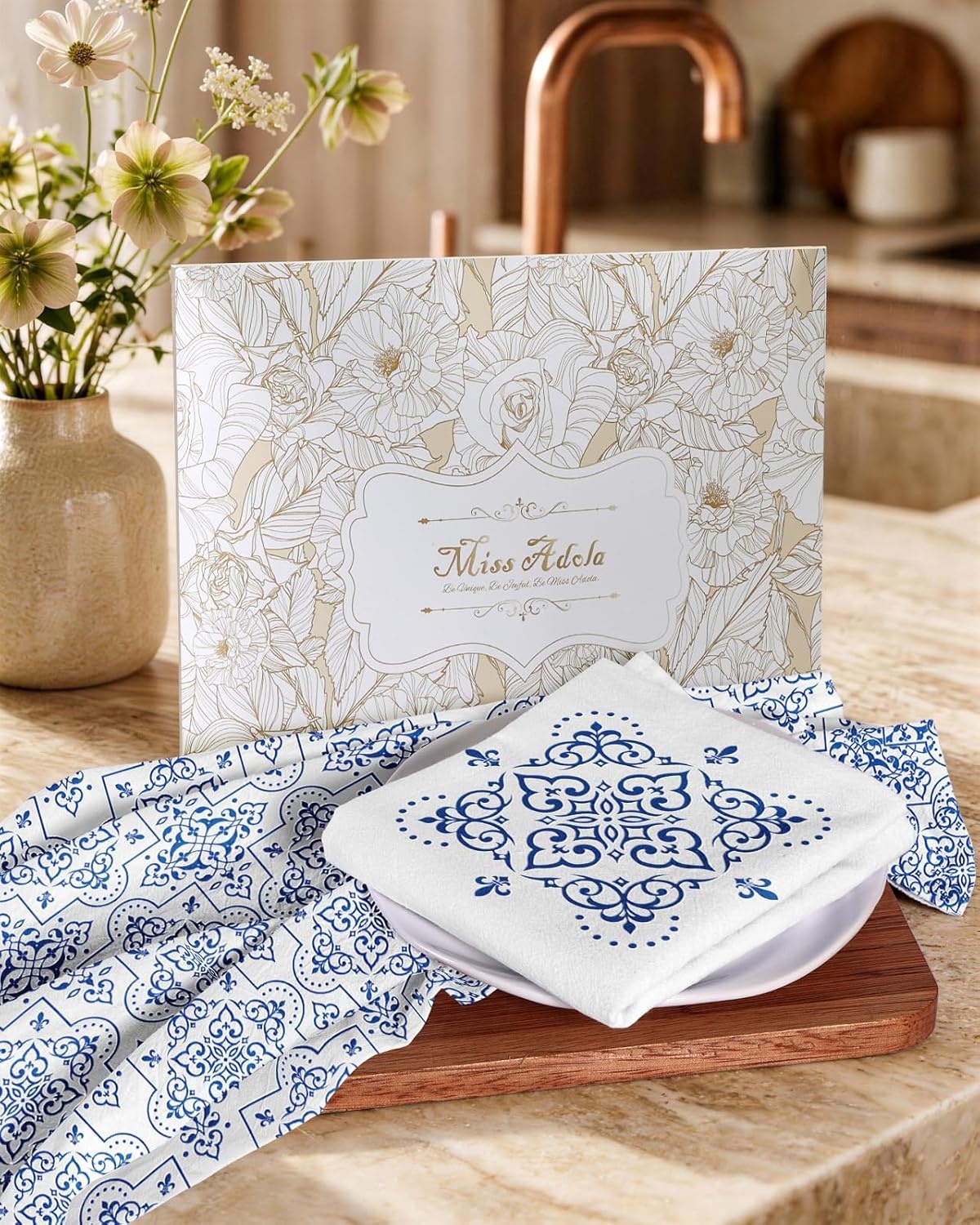 image:imageMiss Adola Flour Sack Tea Towels Set of 2 Chinoiserie Dish Towels with Hanging Loop 18x26 Inch Lightweight Cotton Kitchen Towels Lint Free Quick Dry Hand Towels Blue and White Decor HydrangeaLine