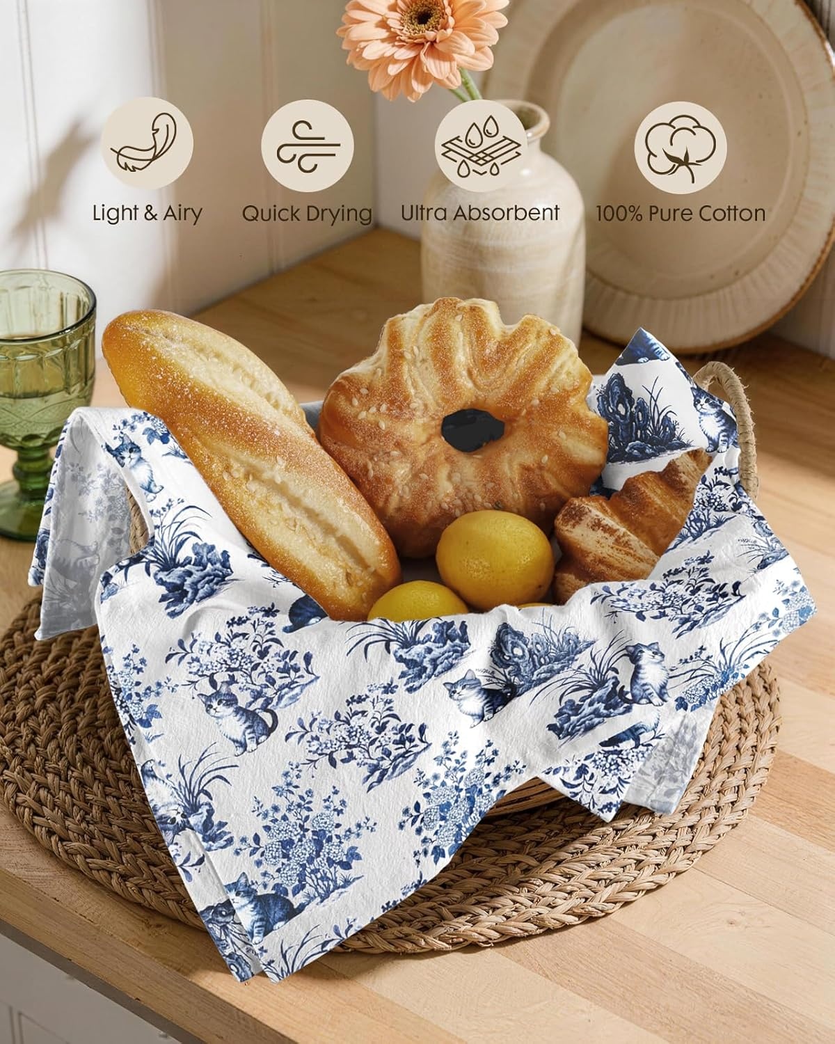 image:imageMiss Adola Flour Sack Tea Towels Set of 2 Chinoiserie Dish Towels with Hanging Loop 18x26 Inch Lightweight Cotton Kitchen Towels Lint Free Quick Dry Hand Towels Blue and White Decor HydrangeaCat