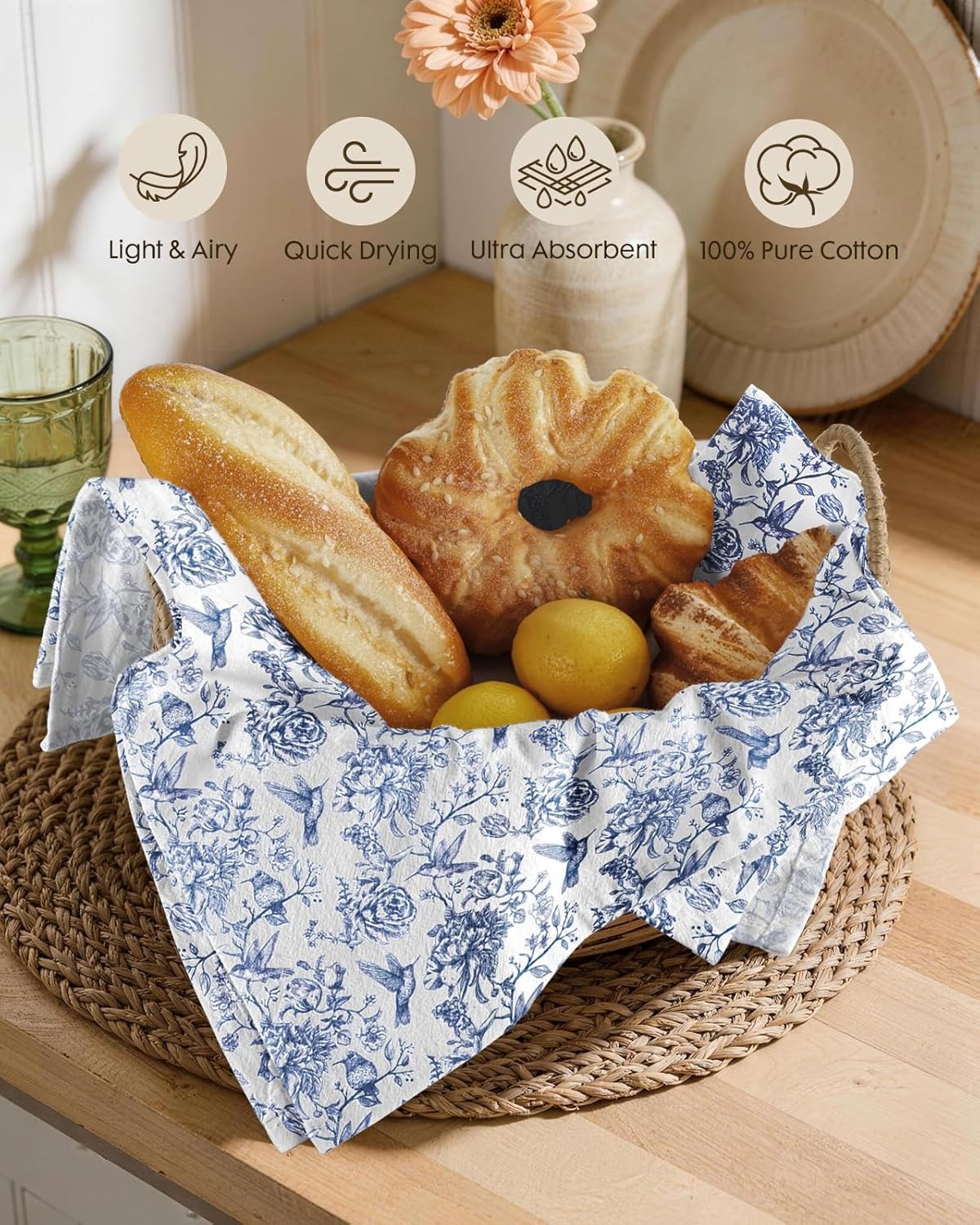 image:imageMiss Adola Flour Sack Tea Towels Set of 2 Chinoiserie Dish Towels with Hanging Loop 18x26 Inch Lightweight Cotton Kitchen Towels Lint Free Quick Dry Hand Towels Blue and White Decor HydrangeaBird