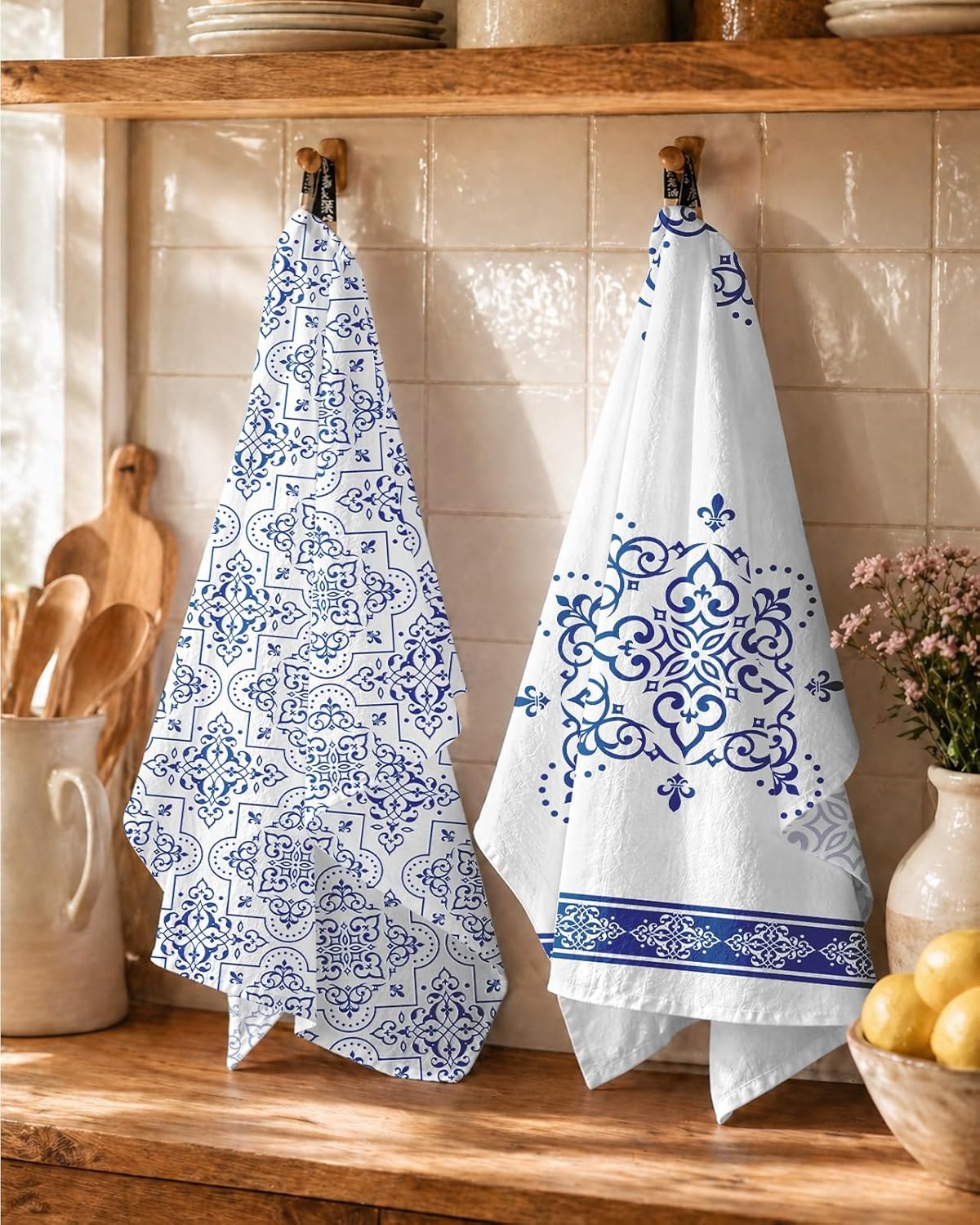 image:imageMiss Adola Flour Sack Tea Towels Set of 2 Chinoiserie Dish Towels with Hanging Loop 18x26 Inch Lightweight Cotton Kitchen Towels Lint Free Quick Dry Hand Towels Blue and White Decor HydrangeaLine