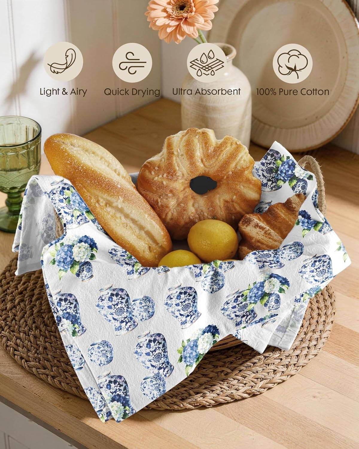 image:imageMiss Adola Flour Sack Tea Towels Set of 2 Chinoiserie Dish Towels with Hanging Loop 18x26 Inch Lightweight Cotton Kitchen Towels Lint Free Quick Dry Hand Towels Blue and White Decor HydrangeaHydrangea