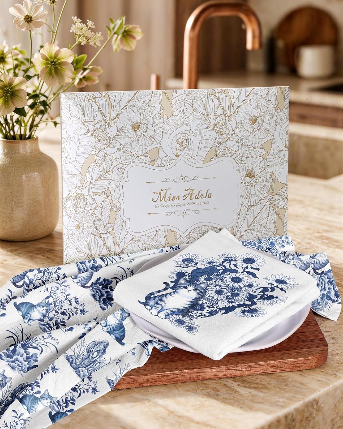 image:imageMiss Adola Flour Sack Tea Towels Set of 2 Chinoiserie Dish Towels with Hanging Loop 18x26 Inch Lightweight Cotton Kitchen Towels Lint Free Quick Dry Hand Towels Blue and White Decor HydrangeaCat