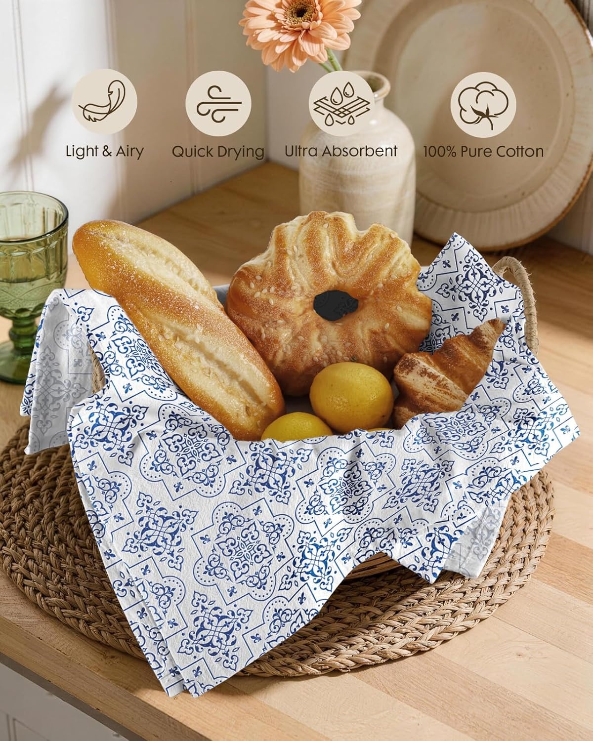 image:imageMiss Adola Flour Sack Tea Towels Set of 2 Chinoiserie Dish Towels with Hanging Loop 18x26 Inch Lightweight Cotton Kitchen Towels Lint Free Quick Dry Hand Towels Blue and White Decor HydrangeaLine