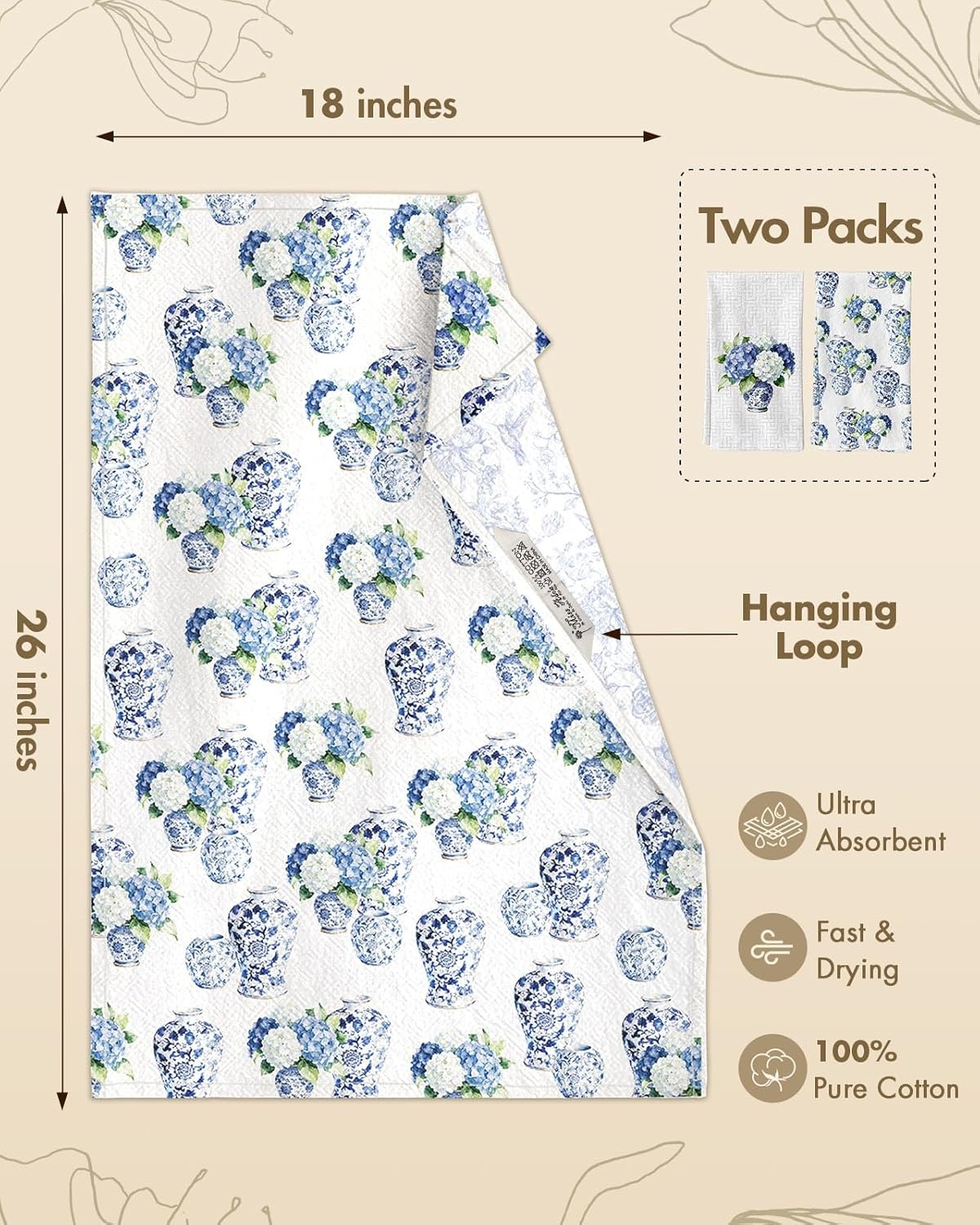 image:imageMiss Adola Flour Sack Tea Towels Set of 2 Chinoiserie Dish Towels with Hanging Loop 18x26 Inch Lightweight Cotton Kitchen Towels Lint Free Quick Dry Hand Towels Blue and White Decor HydrangeaHydrangea