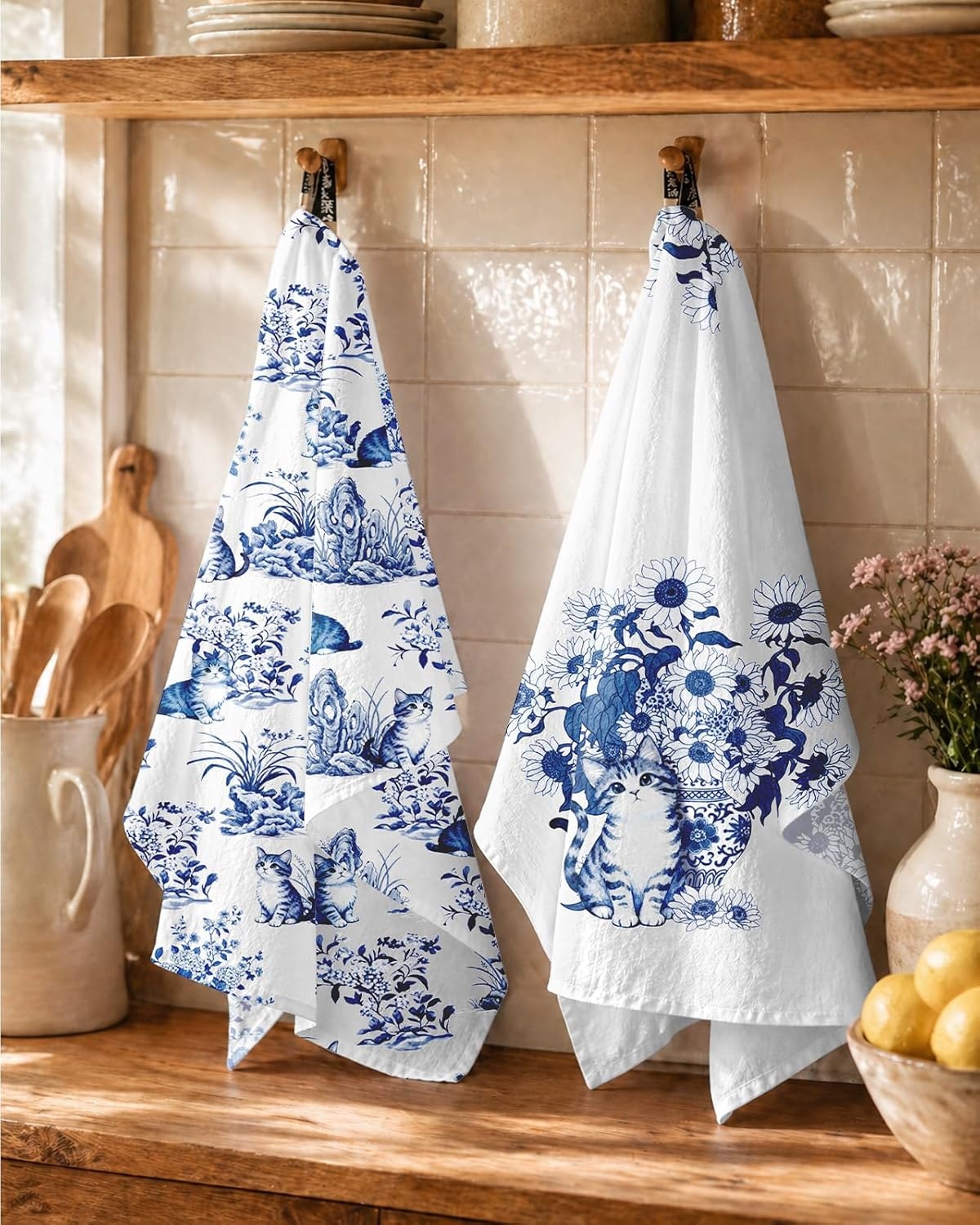 image:imageMiss Adola Flour Sack Tea Towels Set of 2 Chinoiserie Dish Towels with Hanging Loop 18x26 Inch Lightweight Cotton Kitchen Towels Lint Free Quick Dry Hand Towels Blue and White Decor HydrangeaCat