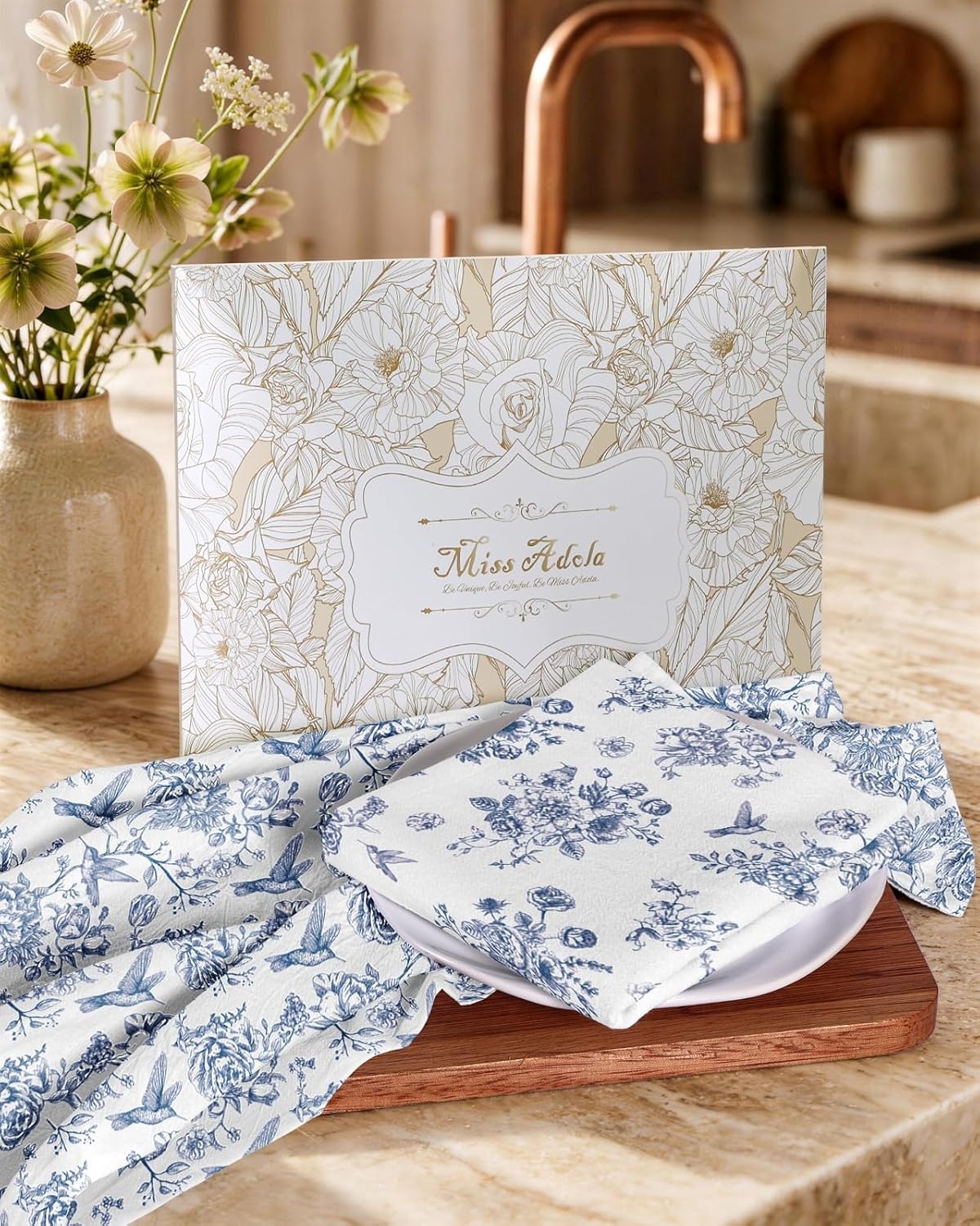image:imageMiss Adola Flour Sack Tea Towels Set of 2 Chinoiserie Dish Towels with Hanging Loop 18x26 Inch Lightweight Cotton Kitchen Towels Lint Free Quick Dry Hand Towels Blue and White Decor HydrangeaBird