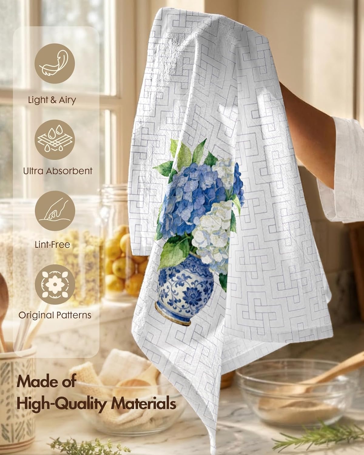 image:imageMiss Adola Flour Sack Tea Towels Set of 2 Chinoiserie Dish Towels with Hanging Loop 18x26 Inch Lightweight Cotton Kitchen Towels Lint Free Quick Dry Hand Towels Blue and White Decor HydrangeaHydrangea