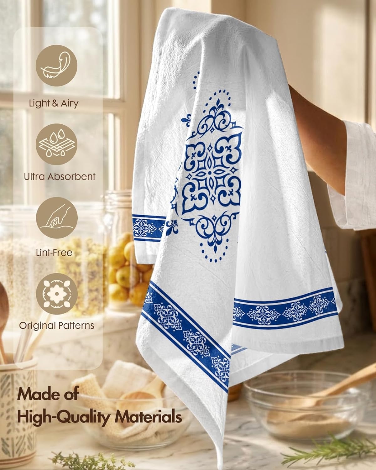 image:imageMiss Adola Flour Sack Tea Towels Set of 2 Chinoiserie Dish Towels with Hanging Loop 18x26 Inch Lightweight Cotton Kitchen Towels Lint Free Quick Dry Hand Towels Blue and White Decor HydrangeaLine