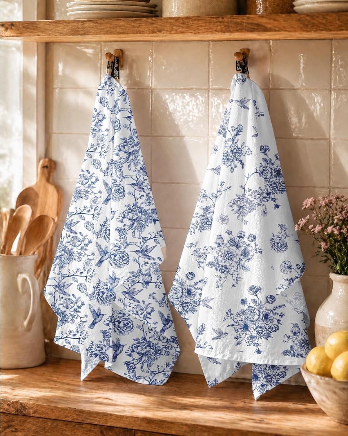 image:imageMiss Adola Flour Sack Tea Towels Set of 2 Chinoiserie Dish Towels with Hanging Loop 18x26 Inch Lightweight Cotton Kitchen Towels Lint Free Quick Dry Hand Towels Blue and White Decor HydrangeaBird