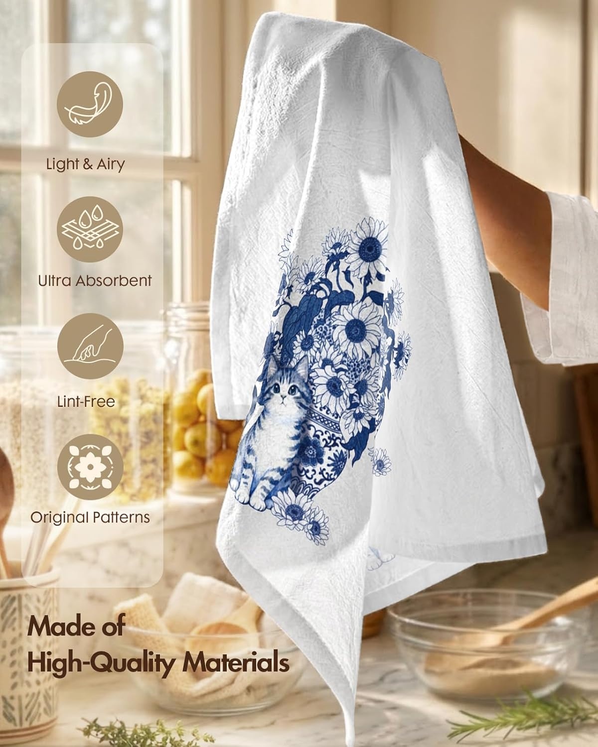 image:imageMiss Adola Flour Sack Tea Towels Set of 2 Chinoiserie Dish Towels with Hanging Loop 18x26 Inch Lightweight Cotton Kitchen Towels Lint Free Quick Dry Hand Towels Blue and White Decor HydrangeaCat