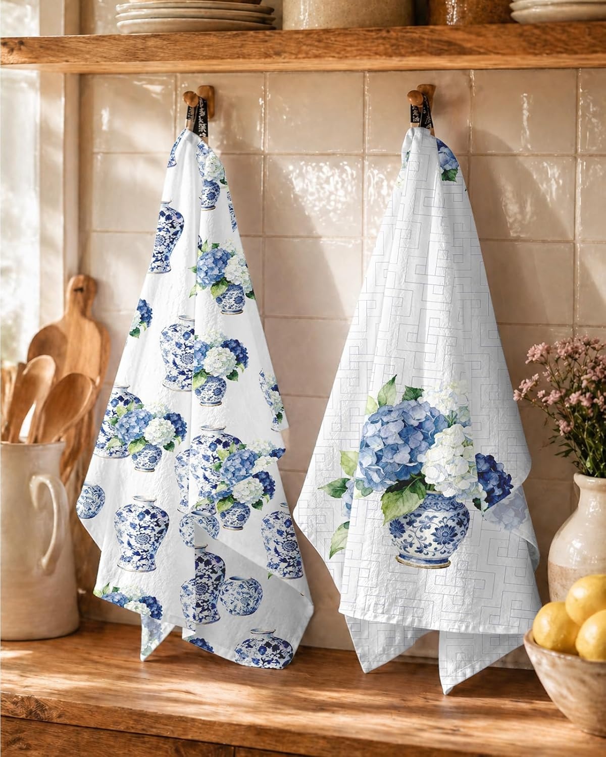 image:imageMiss Adola Flour Sack Tea Towels Set of 2 Chinoiserie Dish Towels with Hanging Loop 18x26 Inch Lightweight Cotton Kitchen Towels Lint Free Quick Dry Hand Towels Blue and White Decor HydrangeaHydrangea