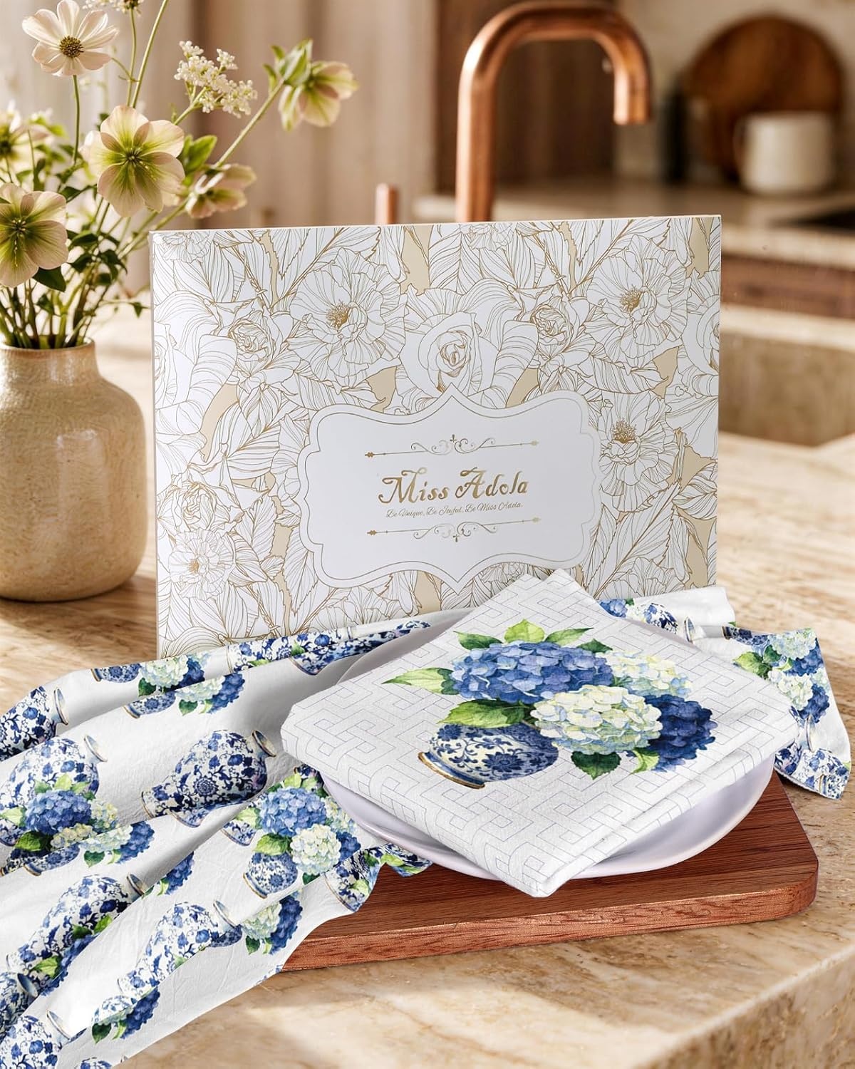 image:imageMiss Adola Flour Sack Tea Towels Set of 2 Chinoiserie Dish Towels with Hanging Loop 18x26 Inch Lightweight Cotton Kitchen Towels Lint Free Quick Dry Hand Towels Blue and White Decor HydrangeaHydrangea