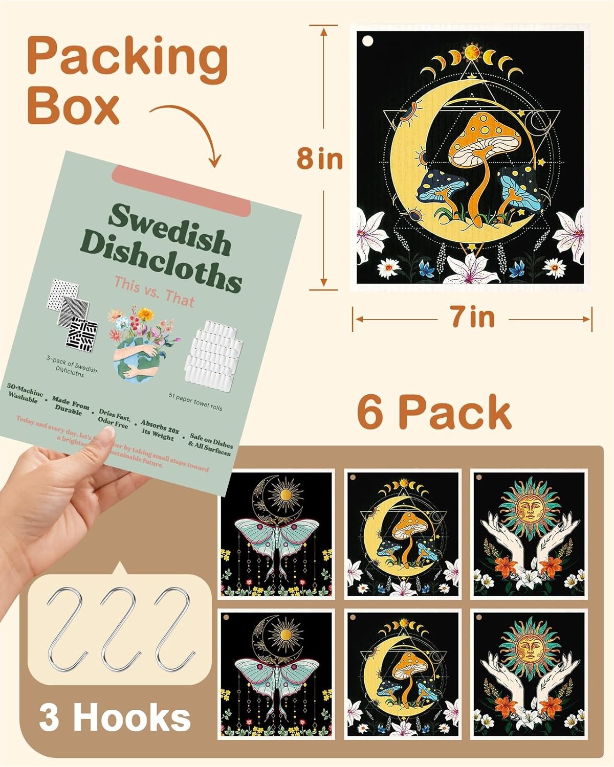 image:imageMiss Adola Kitchen Swedish Dishcloths with Hooks 6 Pack Reusable Dish Cloths for Washing Dishes Fast Drying Cute Fun Swedish Dish Towels Washable Cleaning Sponge Brown CoffeeSun Moon Butterfly