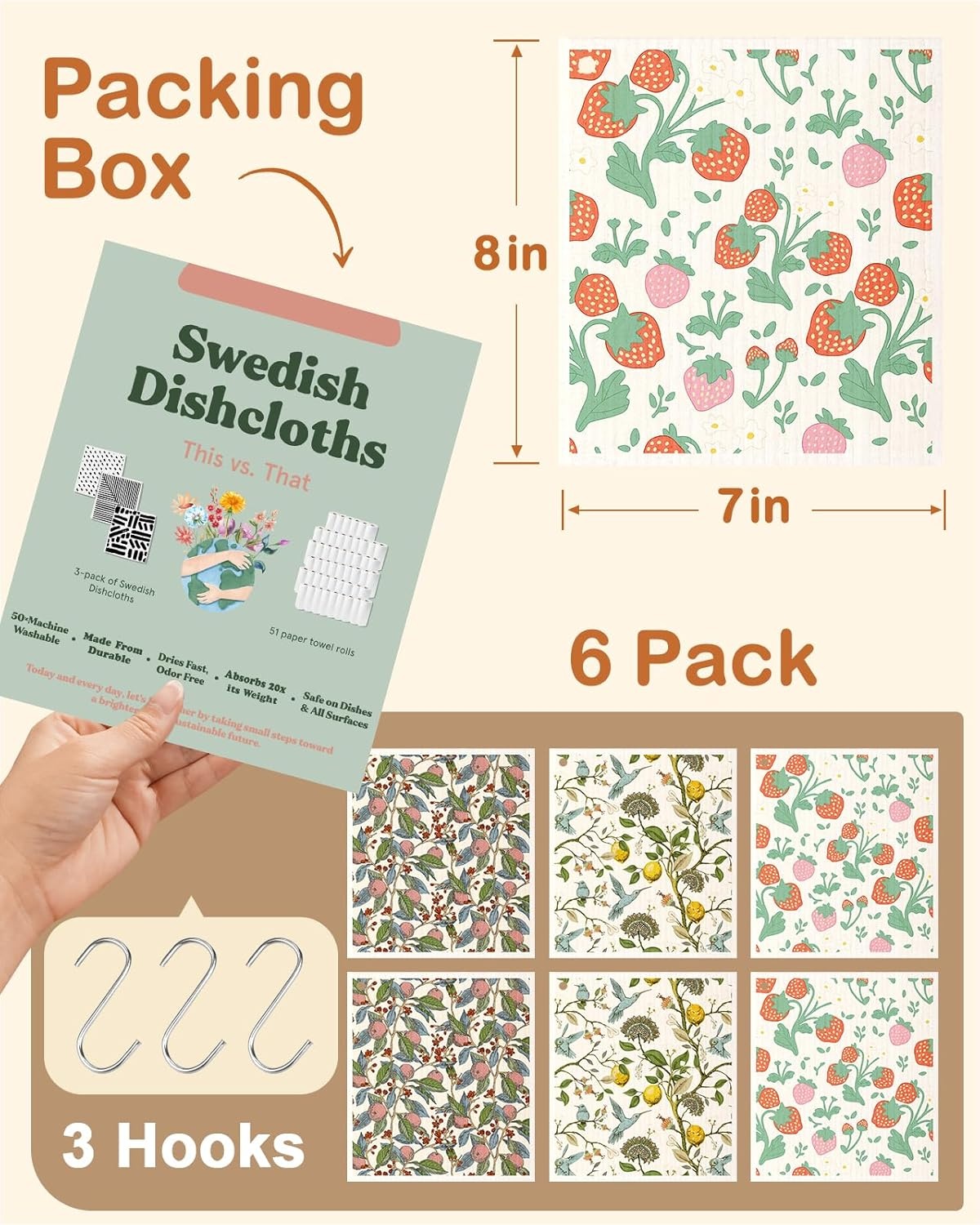 image:imageMiss Adola Kitchen Swedish Dishcloths with Hooks 6 Pack Reusable Dish Cloths for Washing Dishes Fast Drying Cute Fun Swedish Dish Towels Washable Cleaning Sponge Brown CoffeeTrees Fruits