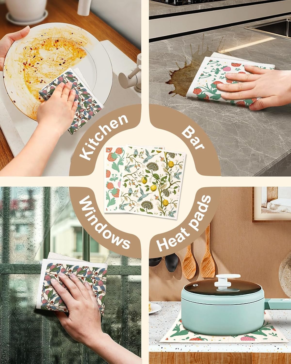 image:imageMiss Adola Kitchen Swedish Dishcloths with Hooks 6 Pack Reusable Dish Cloths for Washing Dishes Fast Drying Cute Fun Swedish Dish Towels Washable Cleaning Sponge Brown CoffeeTrees Fruits