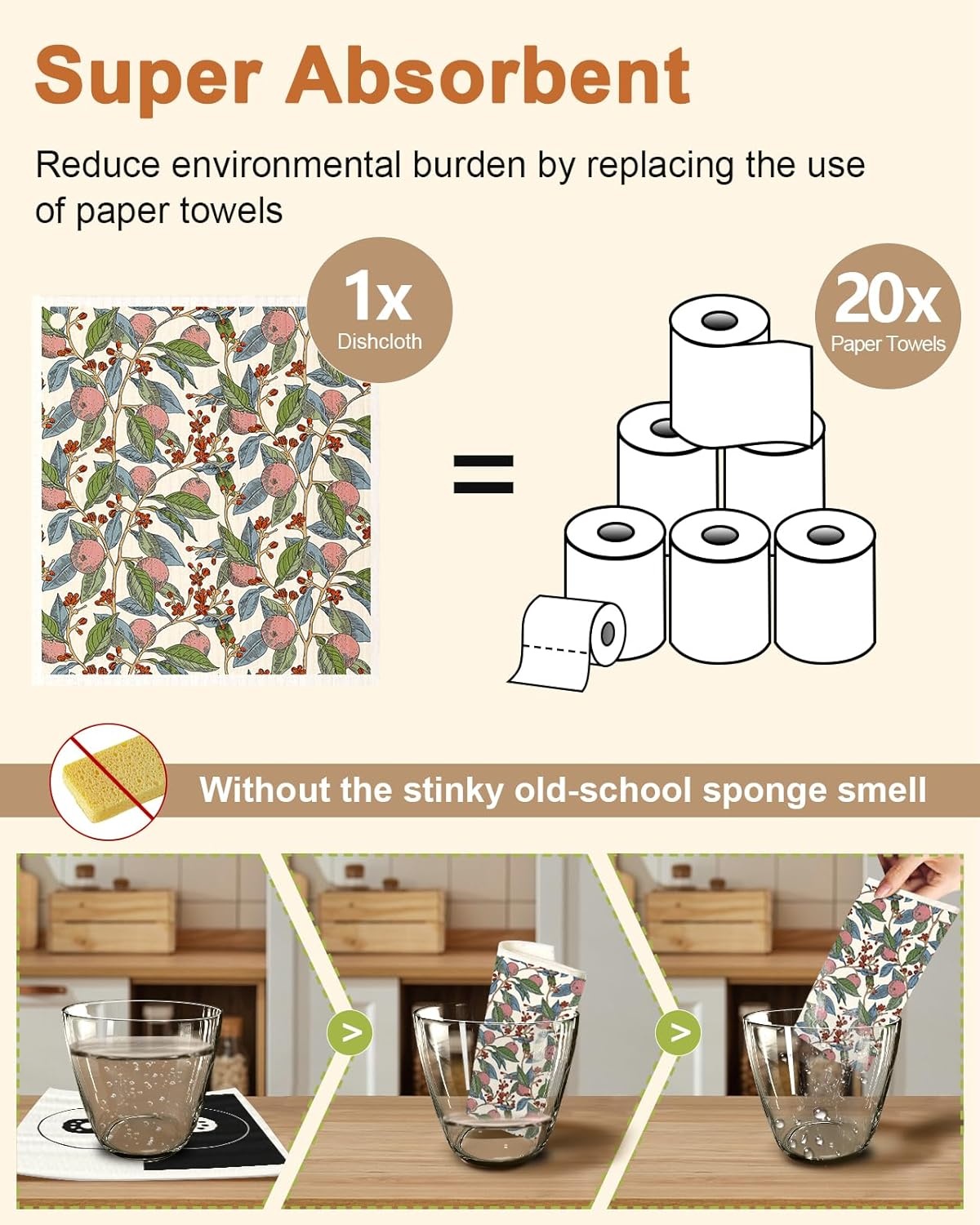 image:imageMiss Adola Kitchen Swedish Dishcloths with Hooks 6 Pack Reusable Dish Cloths for Washing Dishes Fast Drying Cute Fun Swedish Dish Towels Washable Cleaning Sponge Brown CoffeeTrees Fruits