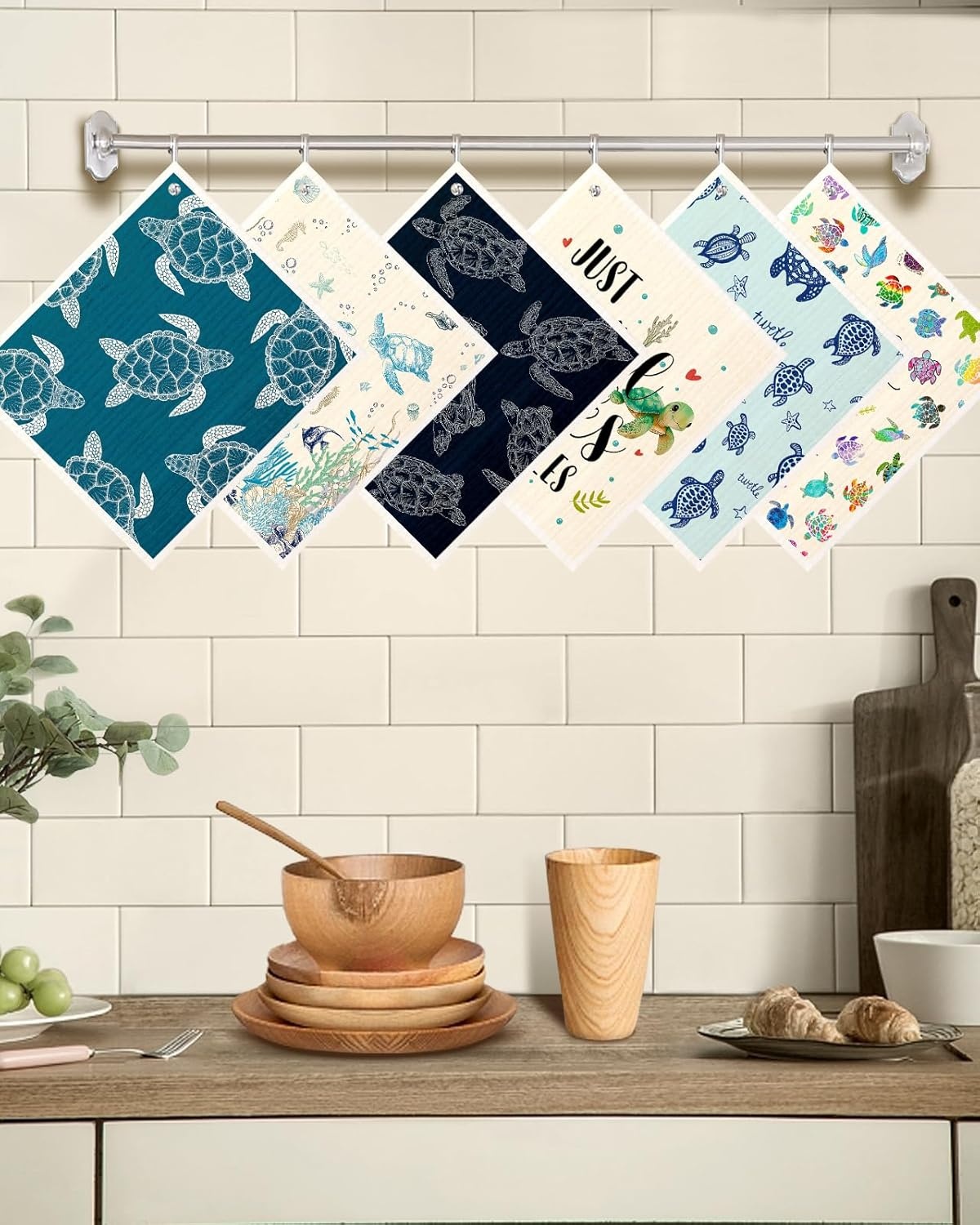 image:imageMiss Adola Kitchen Swedish Dishcloths with Hooks 6 Pack Reusable Dish Cloths for Washing Dishes Fast Drying Cute Fun Swedish Dish Towels Washable Cleaning Sponge Brown CoffeeCute Turtle