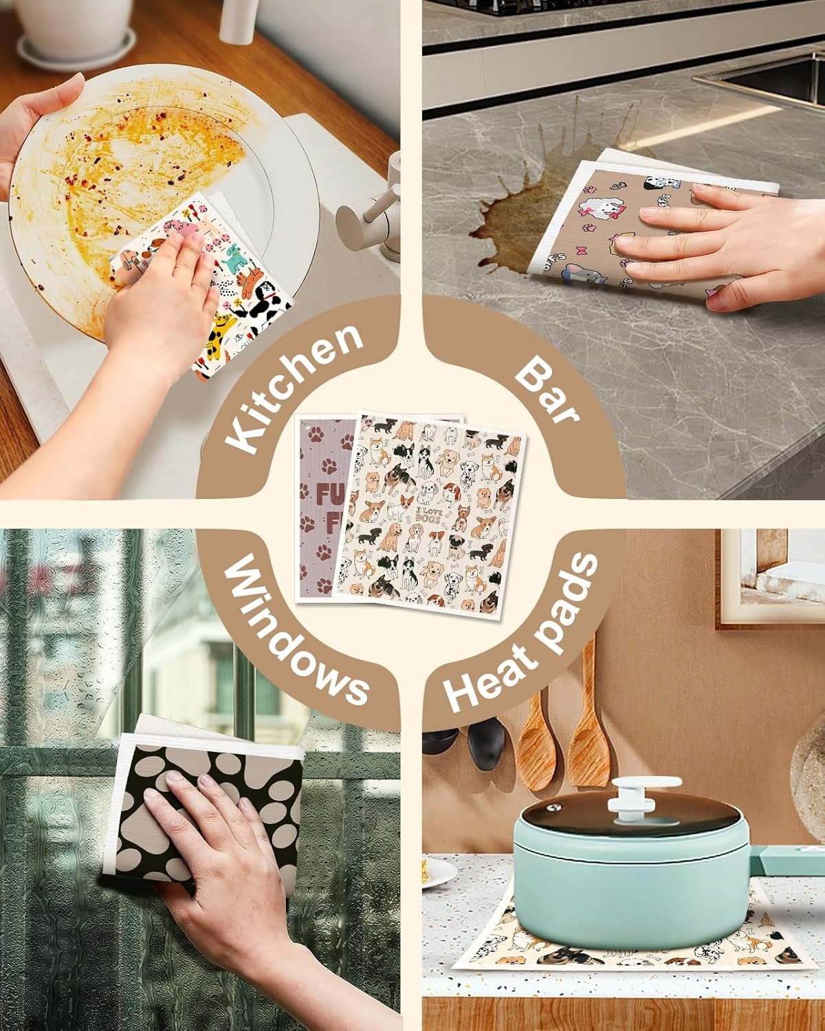 image:imageMiss Adola Kitchen Swedish Dishcloths with Hooks 6 Pack Reusable Dish Cloths for Washing Dishes Fast Drying Cute Fun Swedish Dish Towels Washable Cleaning Sponge Brown CoffeeFurry Dog
