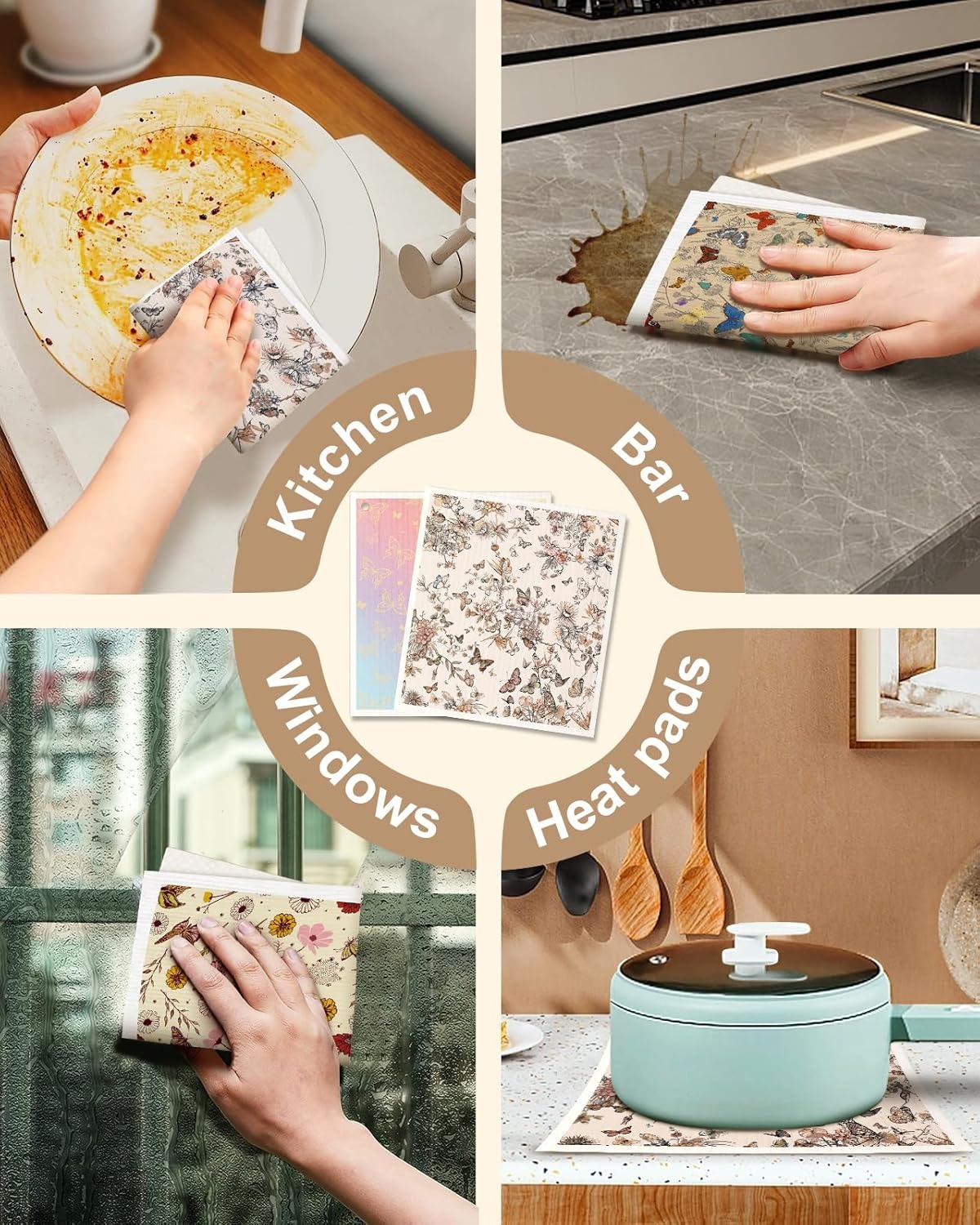 image:imageMiss Adola Kitchen Swedish Dishcloths with Hooks 6 Pack Reusable Dish Cloths for Washing Dishes Fast Drying Cute Fun Swedish Dish Towels Washable Cleaning Sponge Brown CoffeePlant Butterfly