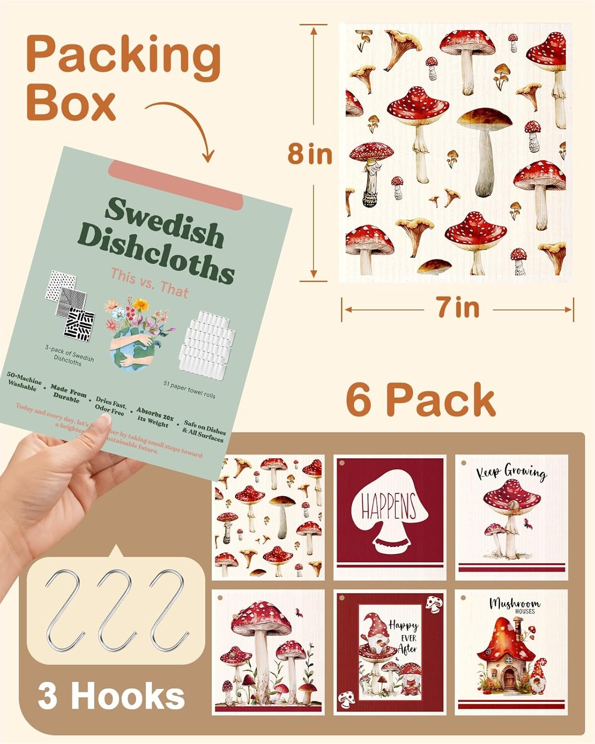 image:imageMiss Adola Kitchen Swedish Dishcloths with Hooks 6 Pack Reusable Dish Cloths for Washing Dishes Fast Drying Cute Fun Swedish Dish Towels Washable Cleaning Sponge Brown CoffeeRed Swamm