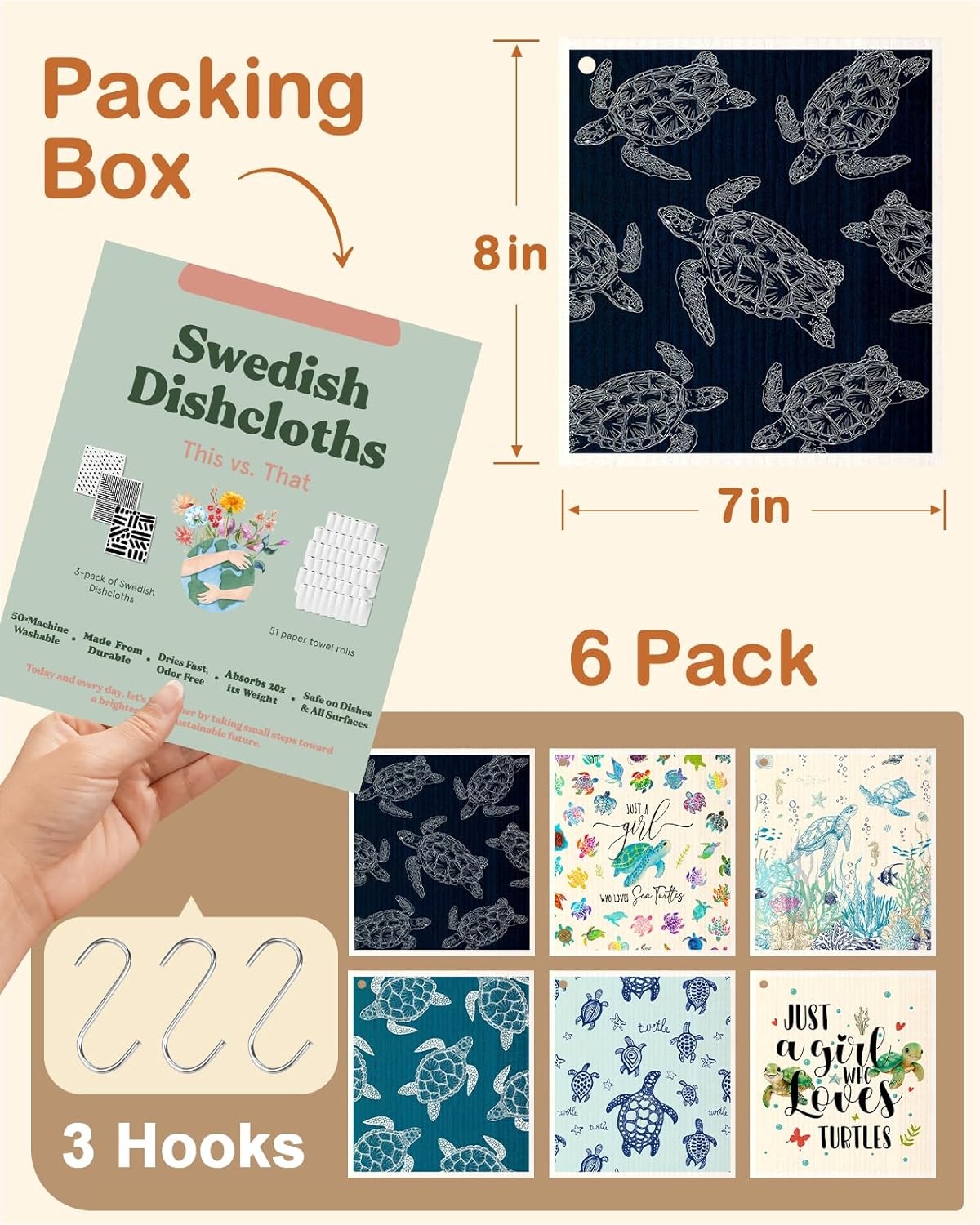 image:imageMiss Adola Kitchen Swedish Dishcloths with Hooks 6 Pack Reusable Dish Cloths for Washing Dishes Fast Drying Cute Fun Swedish Dish Towels Washable Cleaning Sponge Brown CoffeeCute Turtle