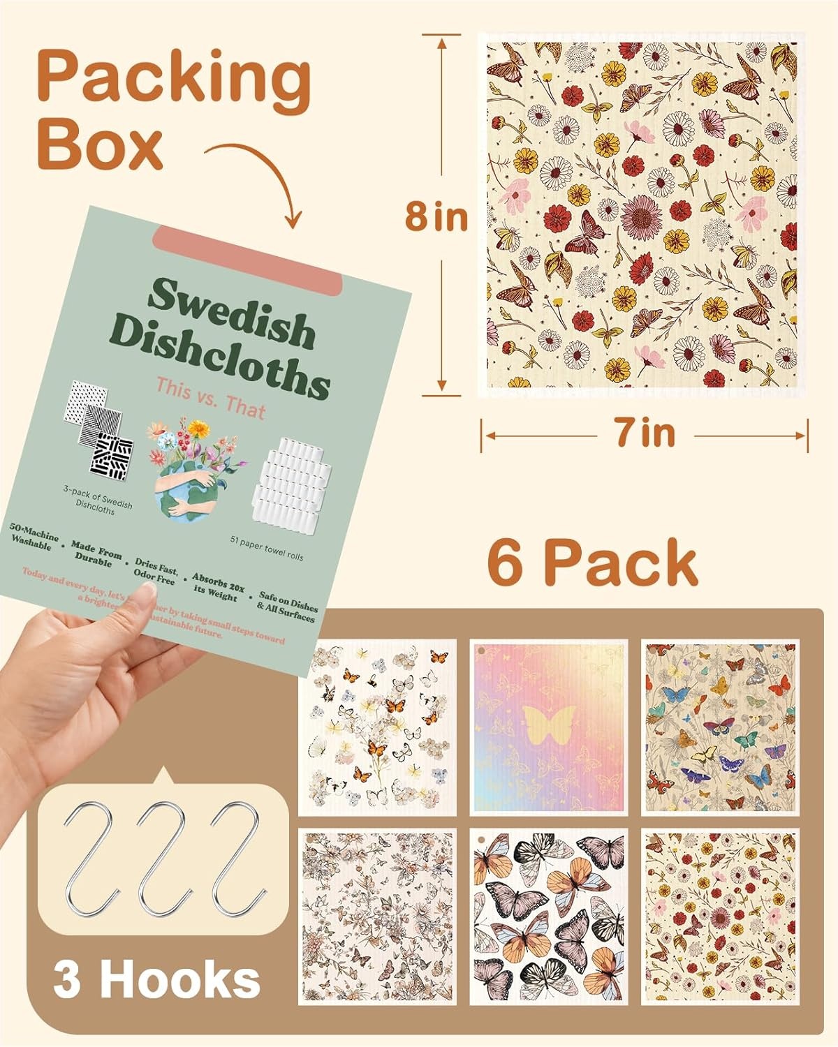image:imageMiss Adola Kitchen Swedish Dishcloths with Hooks 6 Pack Reusable Dish Cloths for Washing Dishes Fast Drying Cute Fun Swedish Dish Towels Washable Cleaning Sponge Brown CoffeePlant Butterfly