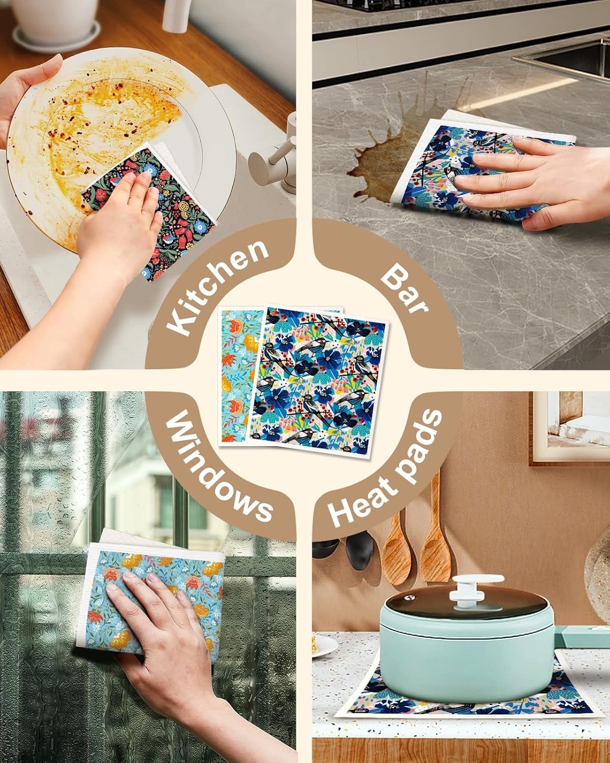 image:imageMiss Adola Kitchen Swedish Dishcloths with Hooks 6 Pack Reusable Dish Cloths for Washing Dishes Fast Drying Cute Fun Swedish Dish Towels Washable Cleaning Sponge Brown CoffeeFull Blown Flowers