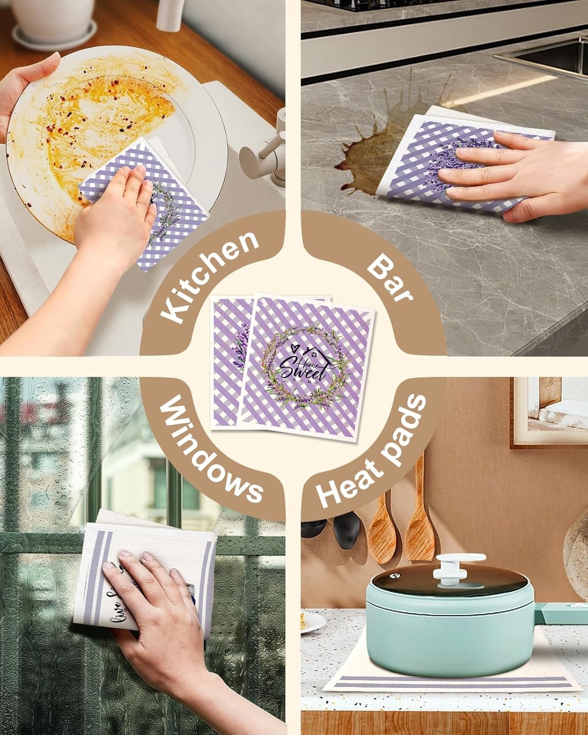 image:imageMiss Adola Kitchen Swedish Dishcloths with Hooks 6 Pack Reusable Dish Cloths for Washing Dishes Fast Drying Cute Fun Swedish Dish Towels Washable Cleaning Sponge Brown CoffeeBicycle Lavender