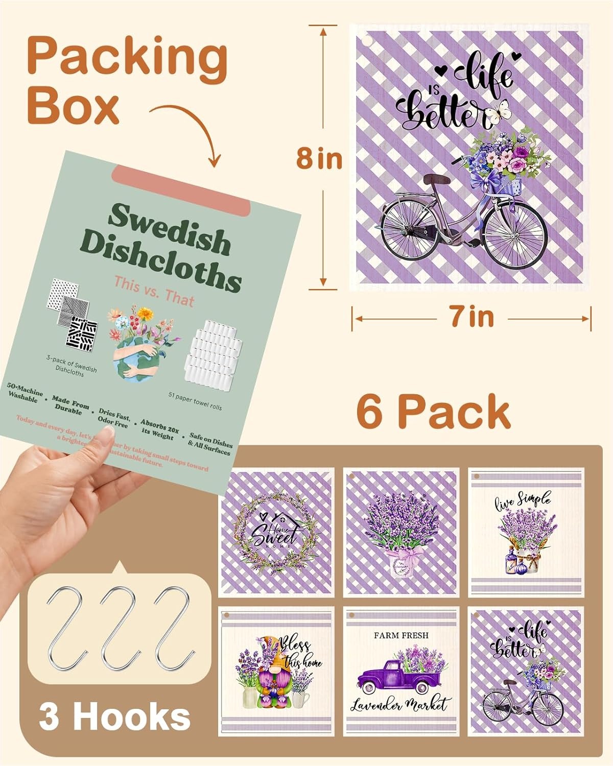 image:imageMiss Adola Kitchen Swedish Dishcloths with Hooks 6 Pack Reusable Dish Cloths for Washing Dishes Fast Drying Cute Fun Swedish Dish Towels Washable Cleaning Sponge Brown CoffeeBicycle Lavender