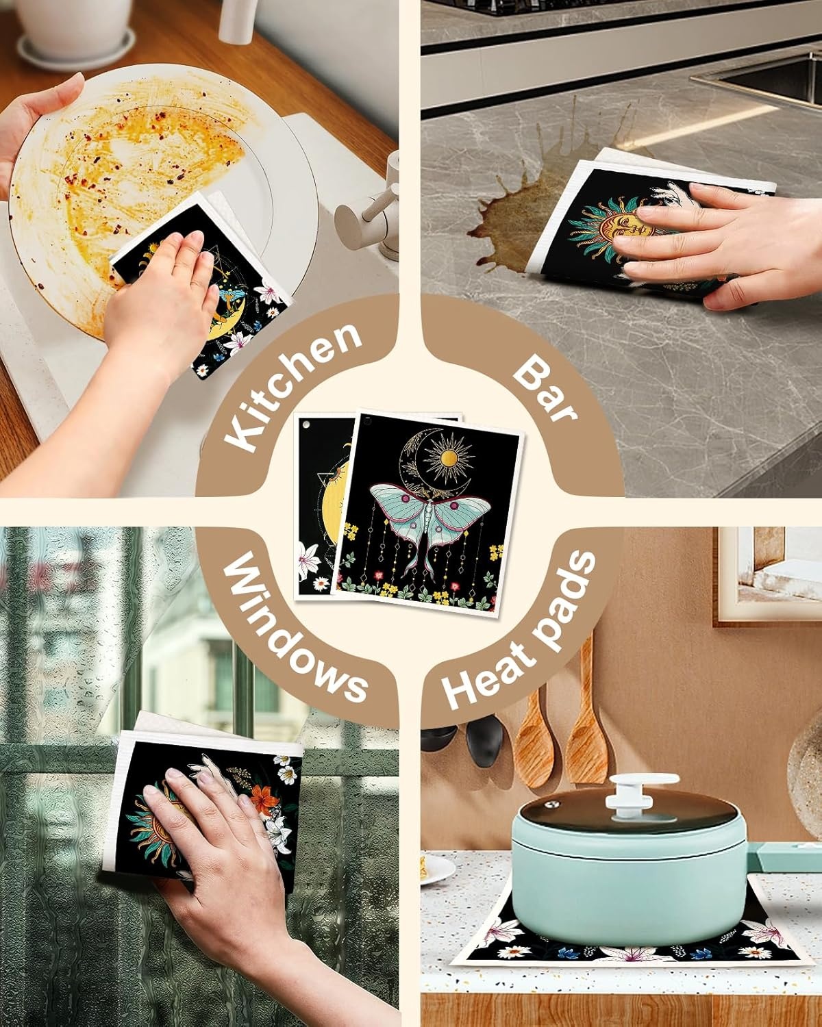 image:imageMiss Adola Kitchen Swedish Dishcloths with Hooks 6 Pack Reusable Dish Cloths for Washing Dishes Fast Drying Cute Fun Swedish Dish Towels Washable Cleaning Sponge Brown CoffeeSun Moon Butterfly