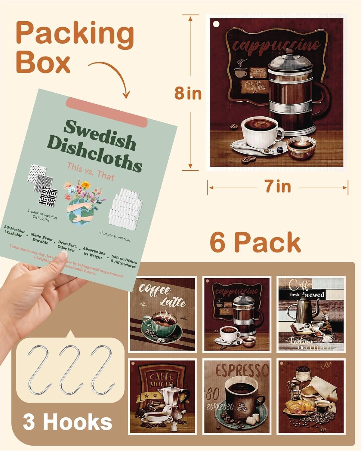 image:imageMiss Adola Kitchen Swedish Dishcloths with Hooks 6 Pack Reusable Dish Cloths for Washing Dishes Fast Drying Cute Fun Swedish Dish Towels Washable Cleaning Sponge Brown CoffeeBrown Coffee