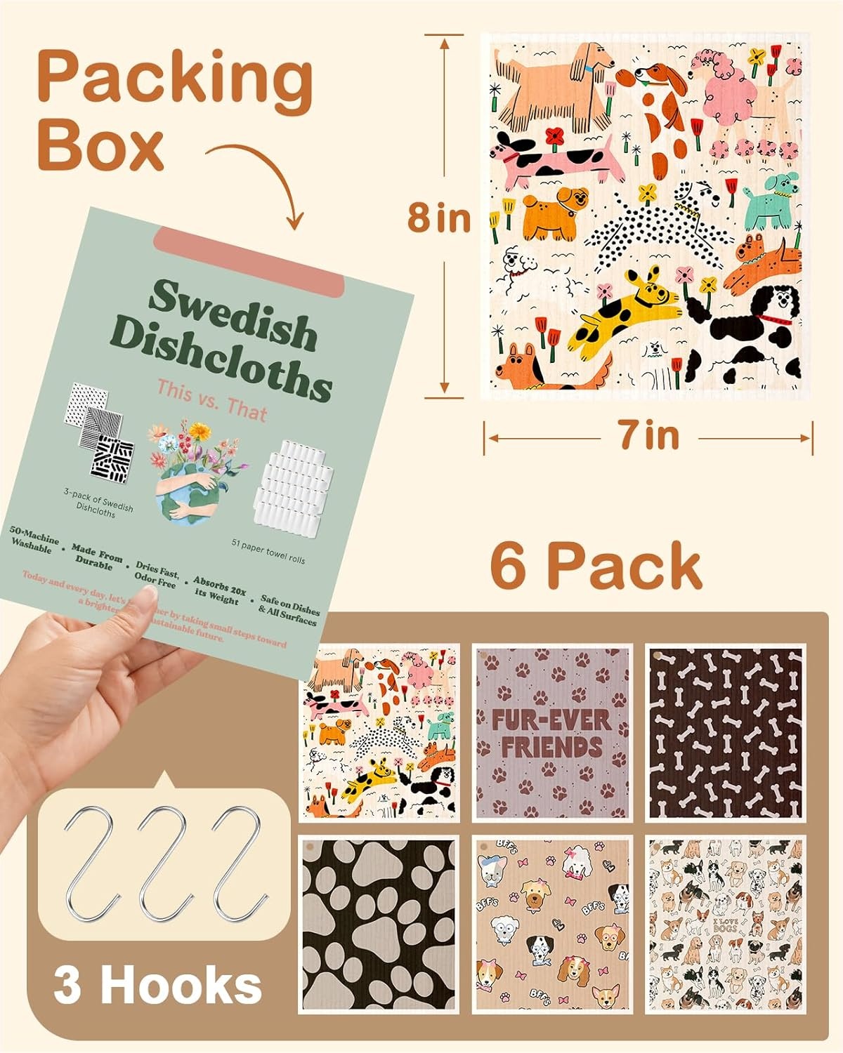 image:imageMiss Adola Kitchen Swedish Dishcloths with Hooks 6 Pack Reusable Dish Cloths for Washing Dishes Fast Drying Cute Fun Swedish Dish Towels Washable Cleaning Sponge Brown CoffeeFurry Dog