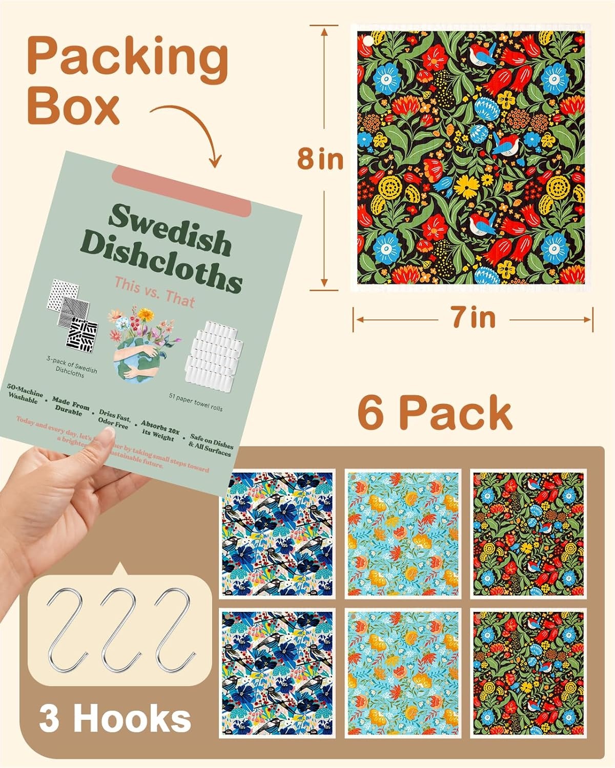 image:imageMiss Adola Kitchen Swedish Dishcloths with Hooks 6 Pack Reusable Dish Cloths for Washing Dishes Fast Drying Cute Fun Swedish Dish Towels Washable Cleaning Sponge Brown CoffeeFull Blown Flowers