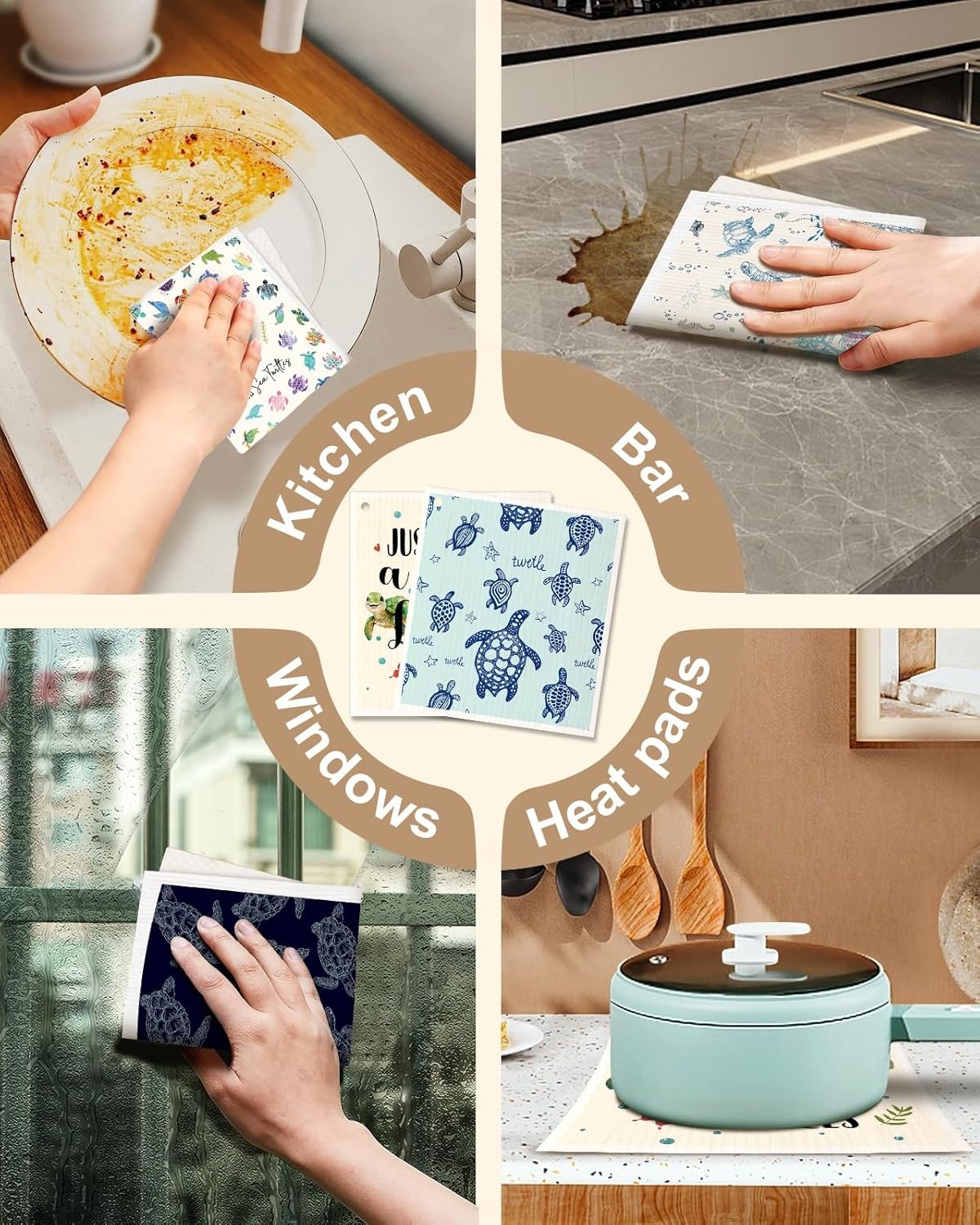 image:imageMiss Adola Kitchen Swedish Dishcloths with Hooks 6 Pack Reusable Dish Cloths for Washing Dishes Fast Drying Cute Fun Swedish Dish Towels Washable Cleaning Sponge Brown CoffeeCute Turtle