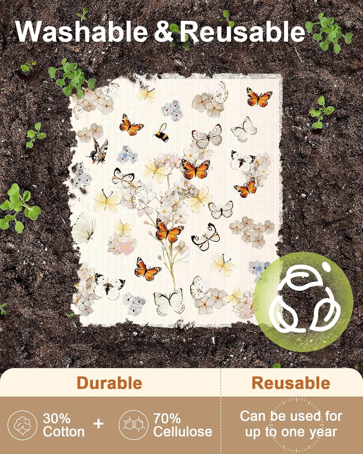 image:imageMiss Adola Kitchen Swedish Dishcloths with Hooks 6 Pack Reusable Dish Cloths for Washing Dishes Fast Drying Cute Fun Swedish Dish Towels Washable Cleaning Sponge Brown CoffeePlant Butterfly