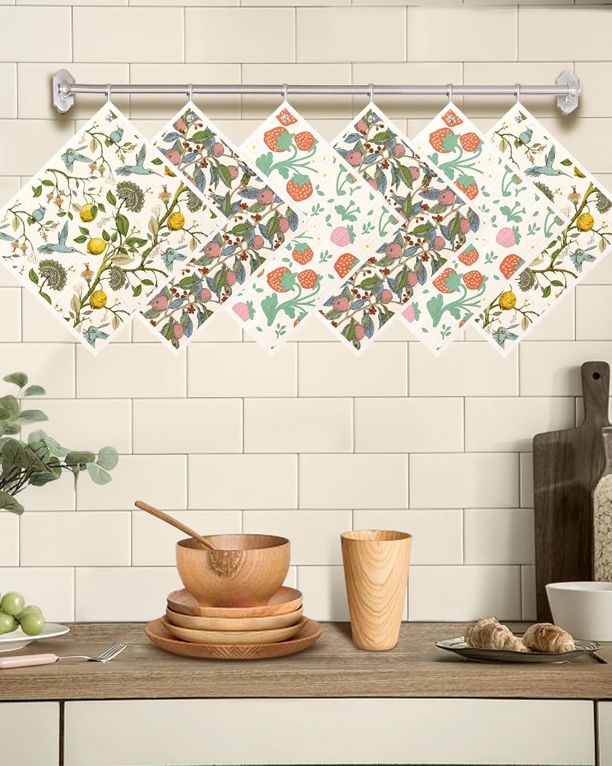 image:imageMiss Adola Kitchen Swedish Dishcloths with Hooks 6 Pack Reusable Dish Cloths for Washing Dishes Fast Drying Cute Fun Swedish Dish Towels Washable Cleaning Sponge Brown CoffeeTrees Fruits