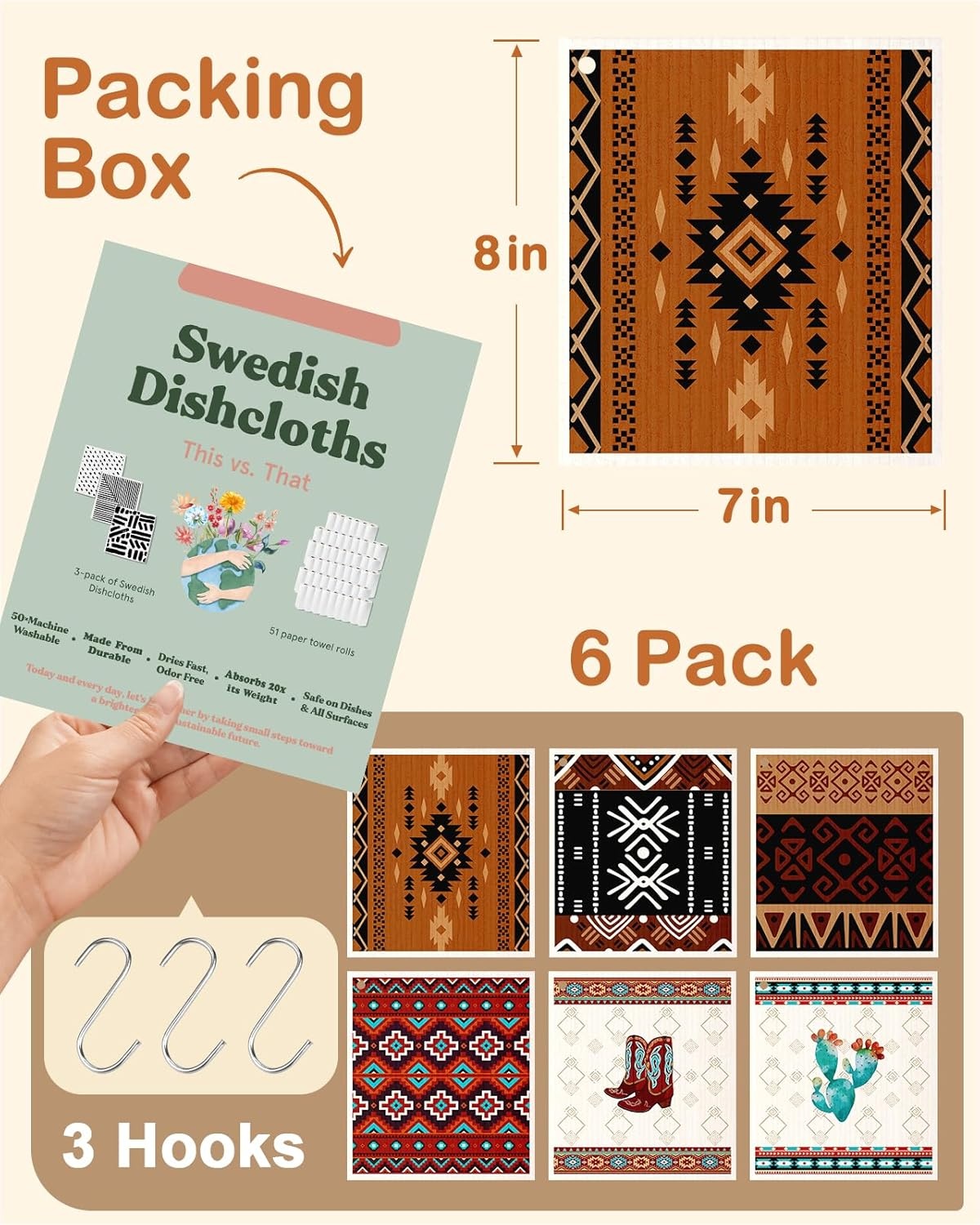 image:imageMiss Adola Kitchen Swedish Dishcloths with Hooks 6 Pack Reusable Dish Cloths for Washing Dishes Fast Drying Cute Fun Swedish Dish Towels Washable Cleaning Sponge Brown CoffeeBrown Cowboy