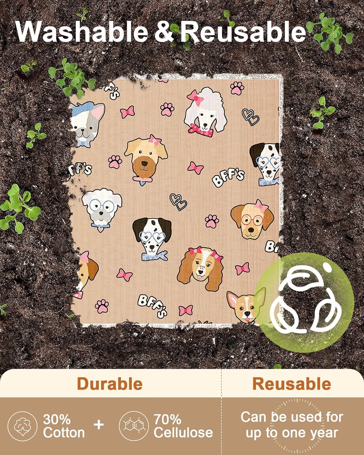 image:imageMiss Adola Kitchen Swedish Dishcloths with Hooks 6 Pack Reusable Dish Cloths for Washing Dishes Fast Drying Cute Fun Swedish Dish Towels Washable Cleaning Sponge Brown CoffeeFurry Dog