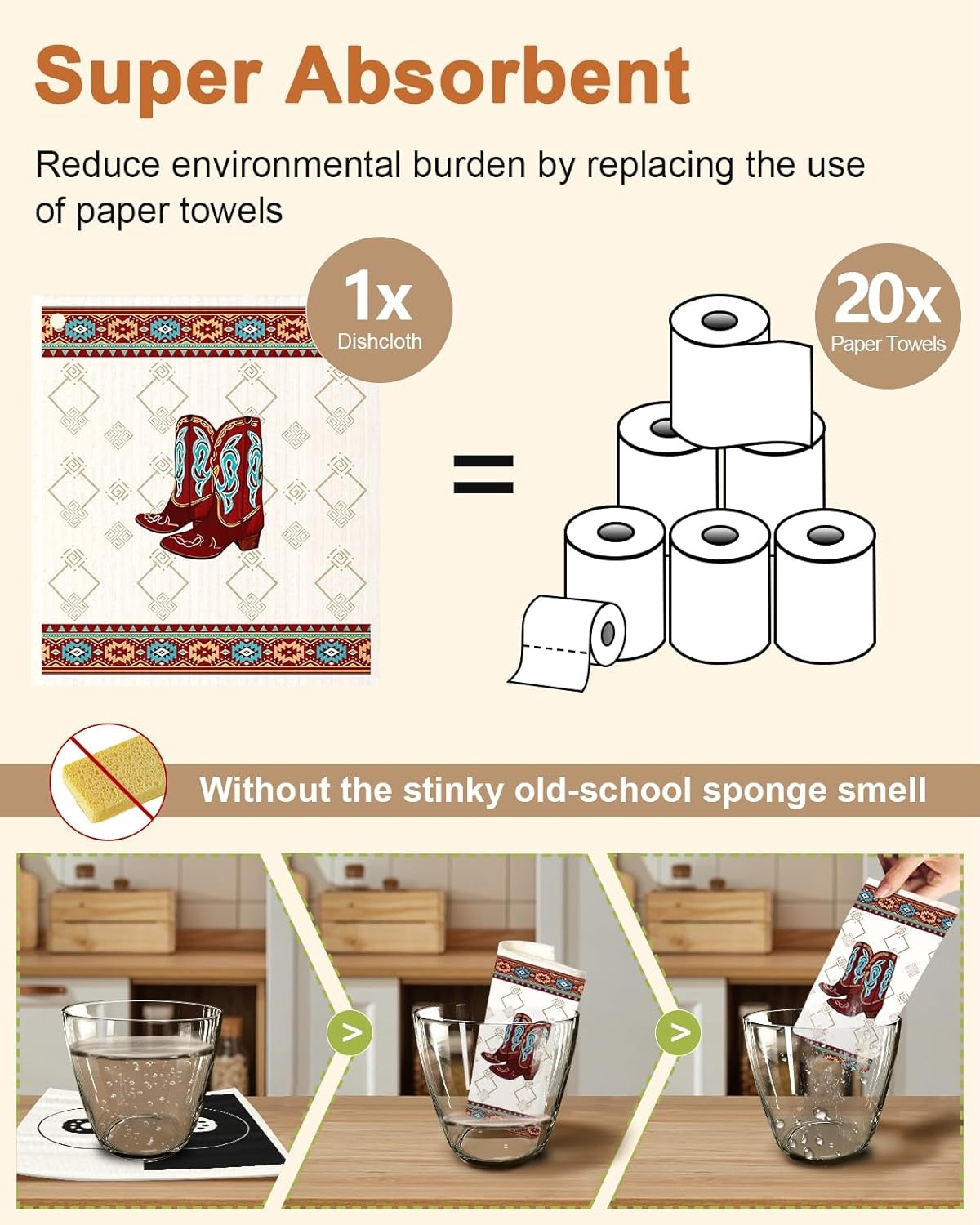 image:imageMiss Adola Kitchen Swedish Dishcloths with Hooks 6 Pack Reusable Dish Cloths for Washing Dishes Fast Drying Cute Fun Swedish Dish Towels Washable Cleaning Sponge Brown CoffeeBrown Cowboy